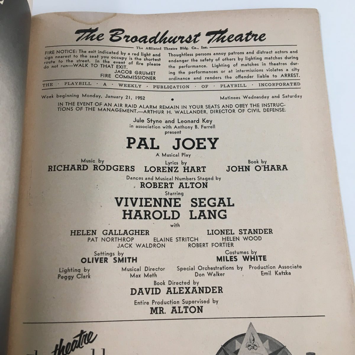 Interior page of the 1952 Playbill for 'Pal Joey' detailing the cast and crew at the Broadhurst Theatre.