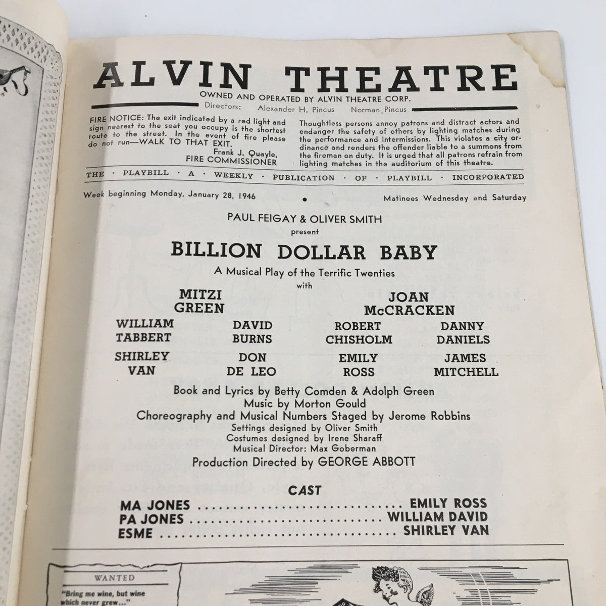 1946 Playbill from Alvin Theatre featuring Mitzi Green and Joan McCracken in the musical 'Billion Dollar Baby'. The Playbill showcases the cast and crew details, highlighting the show's vibrant theatrical roots.