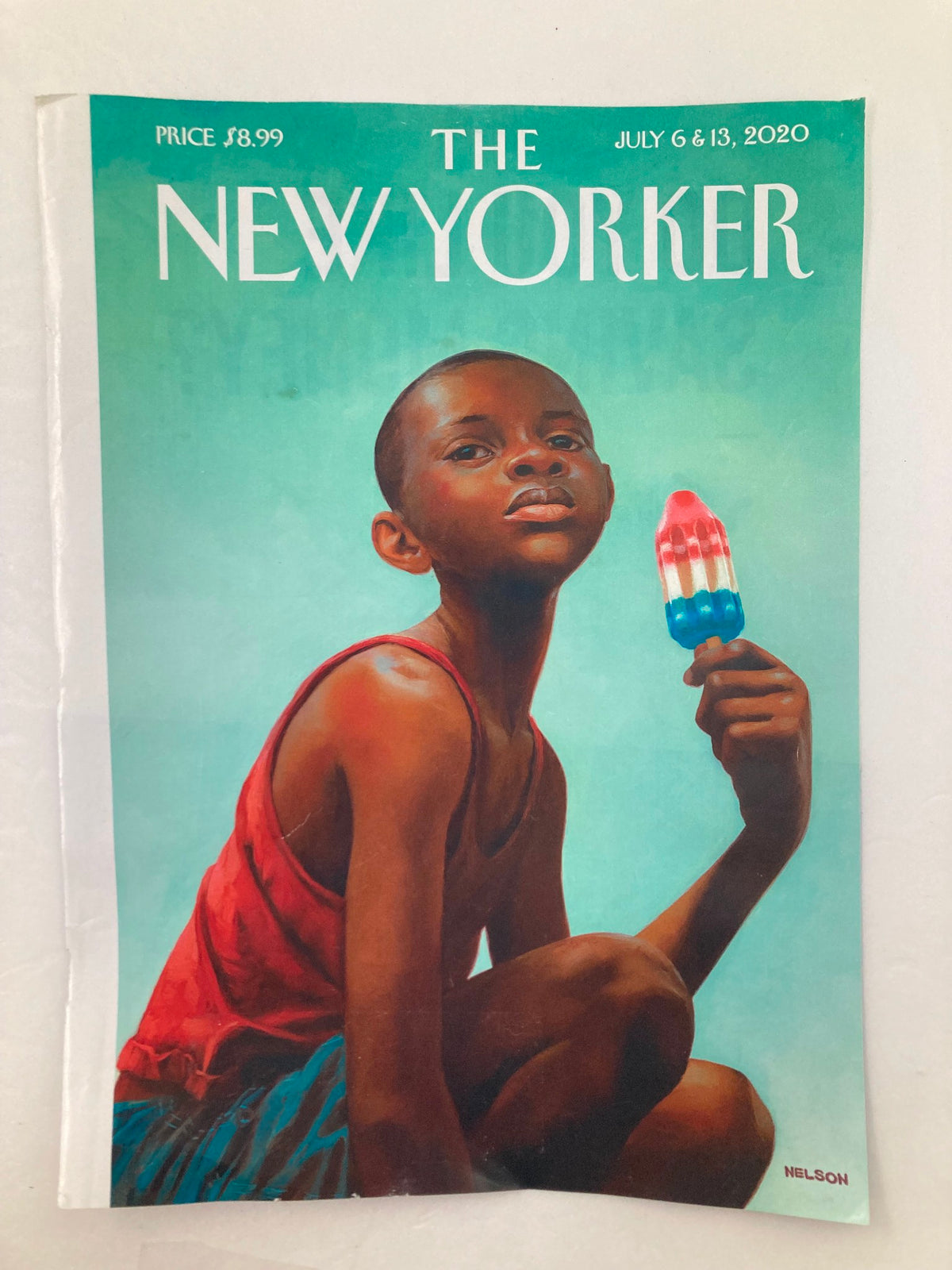 Cover of The New Yorker from July 6, 2020, named 'Distant Summer', by Kadir Nelson, depicting a young boy with a popsicle, showcasing vibrant colors and summer themes.