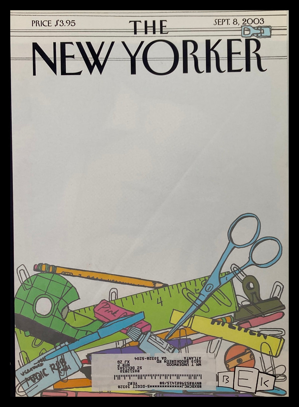 Cover of The New Yorker magazine from September 8, 2003, featuring the illustration 'In The Bag' by Eric Kaplan. The cover showcases vibrant stationary items such as scissors, rulers, and pens, perfect for art and magazine enthusiasts.