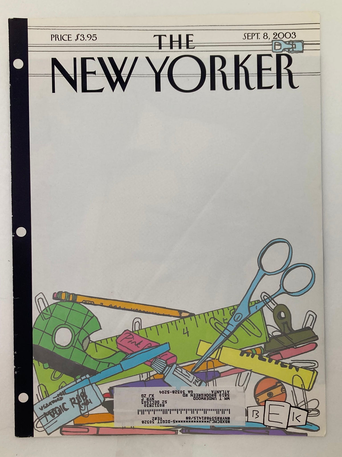 Alternate view of the cover of The New Yorker magazine, September 8, 2003, titled 'In The Bag' by Eric Kaplan. The design includes colorful art supplies, appealing to collectors and fans of vintage magazine covers.