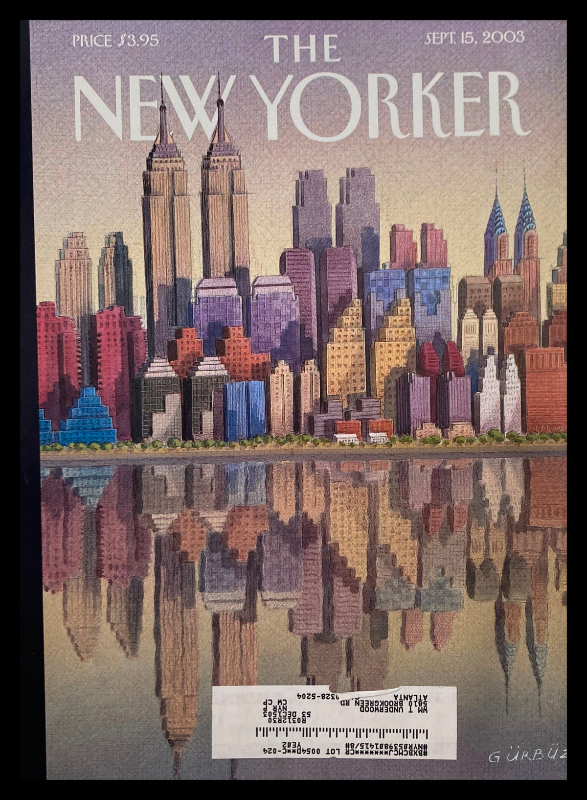 Cover of The New Yorker from September 15, 2003, featuring a colorful skyline illustration by Gurbuz, showcasing iconic buildings and their reflection in water.