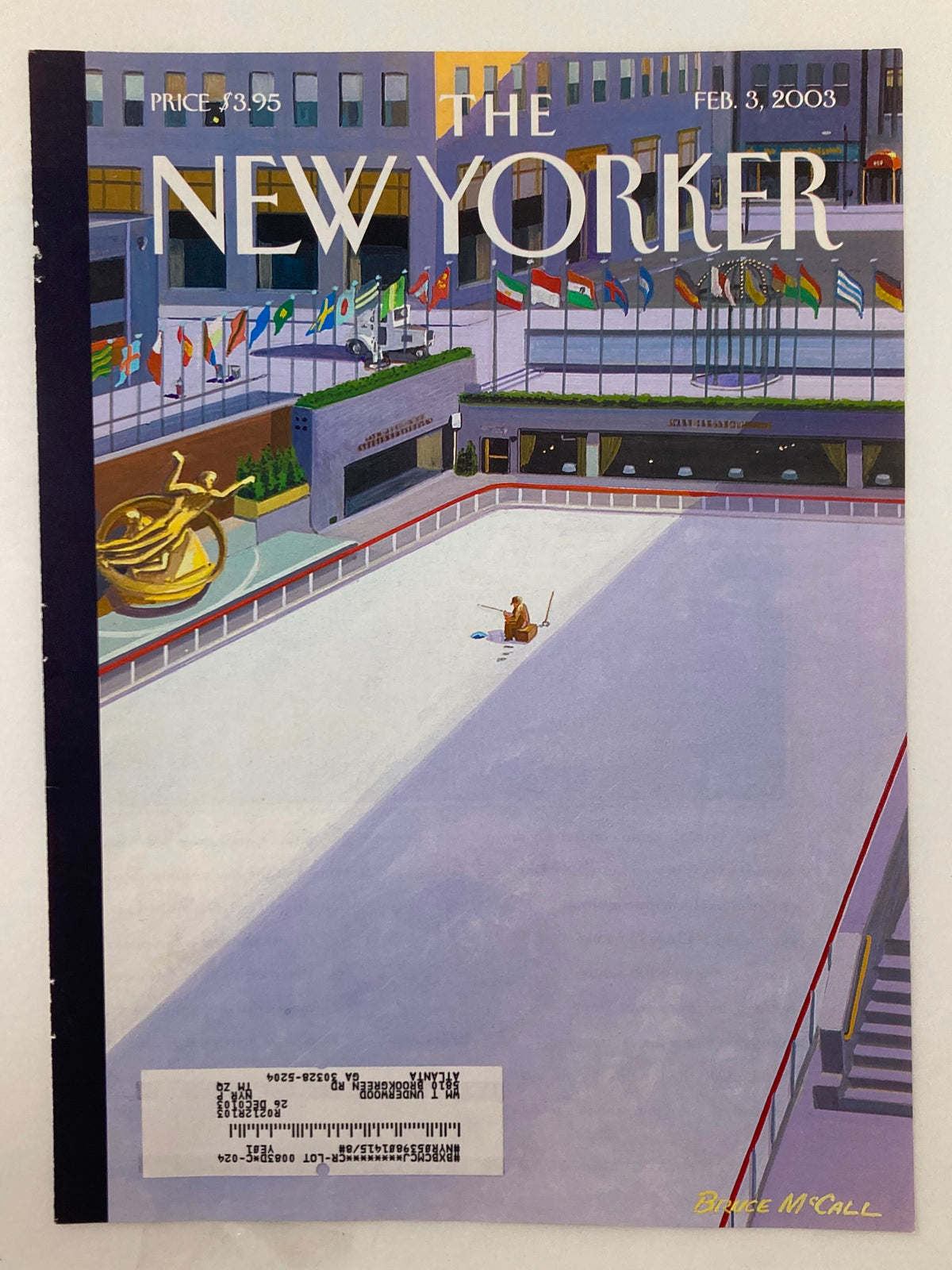 Cover of The New Yorker February 3, 2003 titled 'Stocked Pond' by Bruce McCall, depicting an ice rink with flags in the background, highlighting the artistic details and whimsical charm.