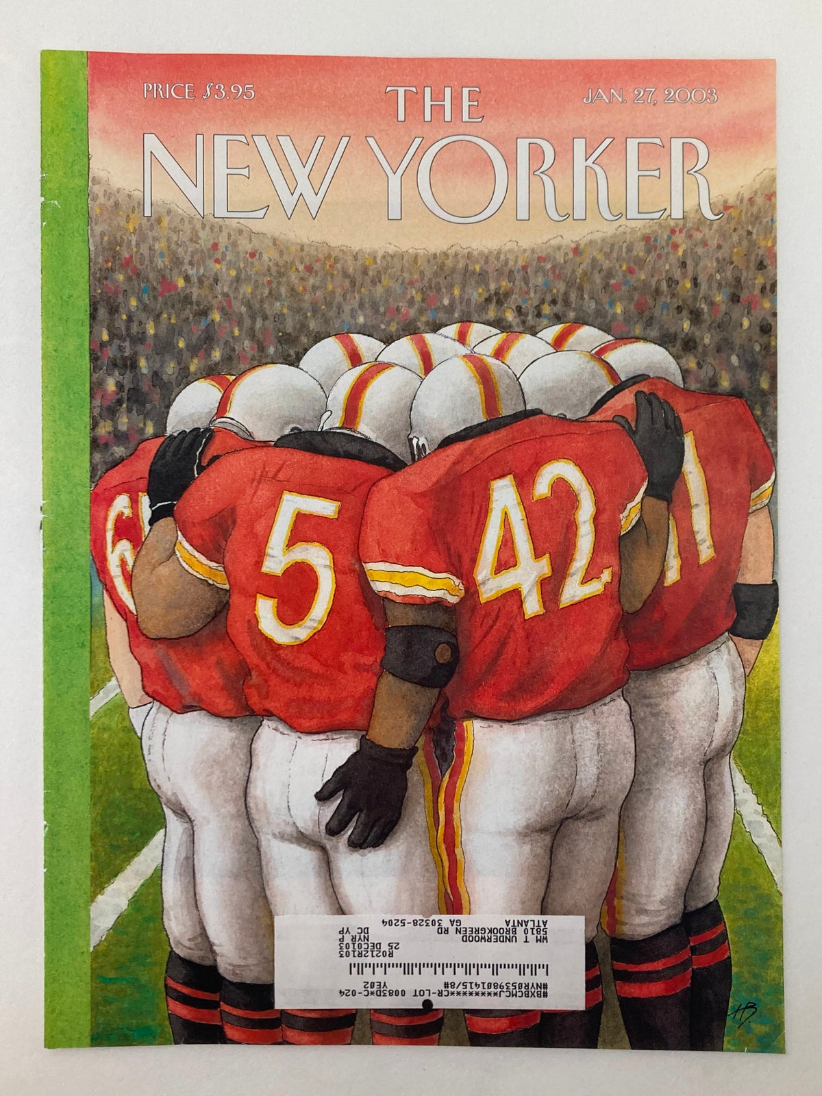 The New Yorker January 27 2003 magazine cover titled 'Lateral Pass' by Harry Bliss, showcasing a close-up of football players in red jerseys huddling on a vibrant field.