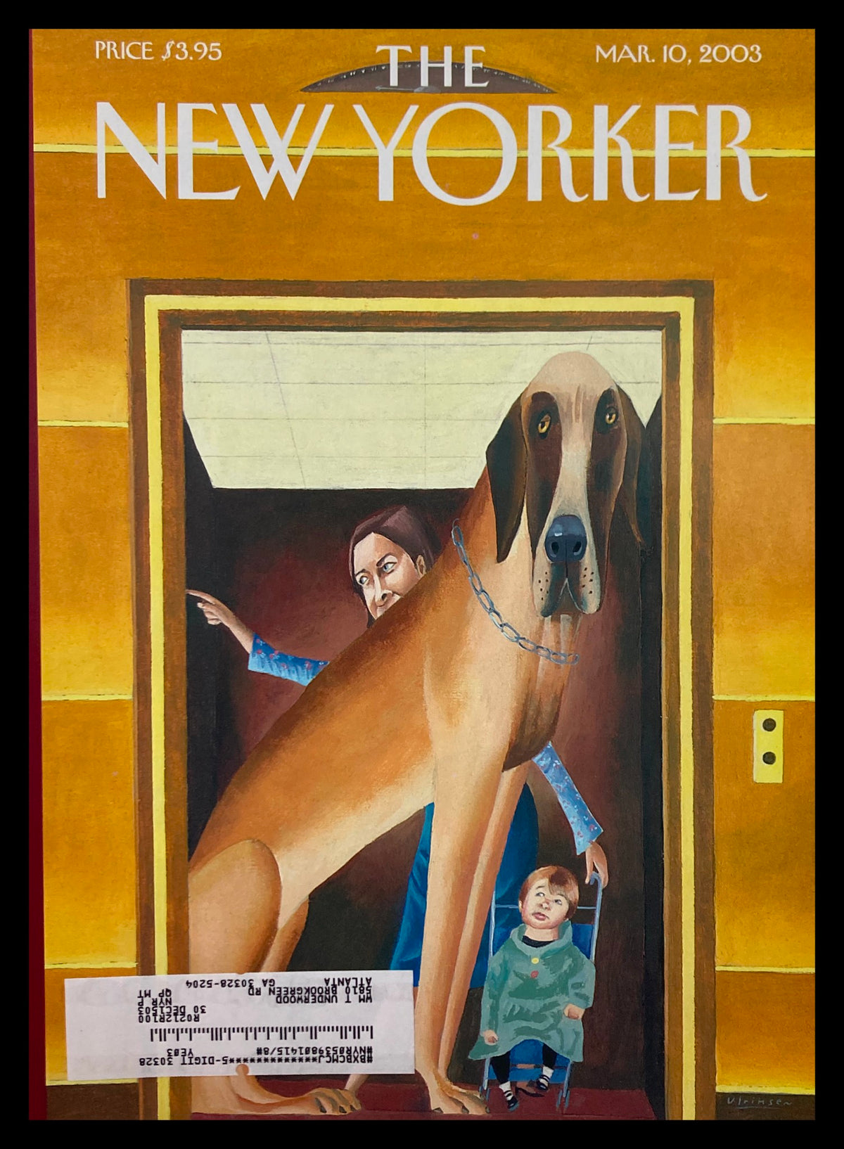 Cover of The New Yorker March 10, 2003 titled 'Three's A Crowd' by Mark Ulriksen, featuring a large dog in an elevator with a woman and a child. The cover illustrates a humorous take on New York life.