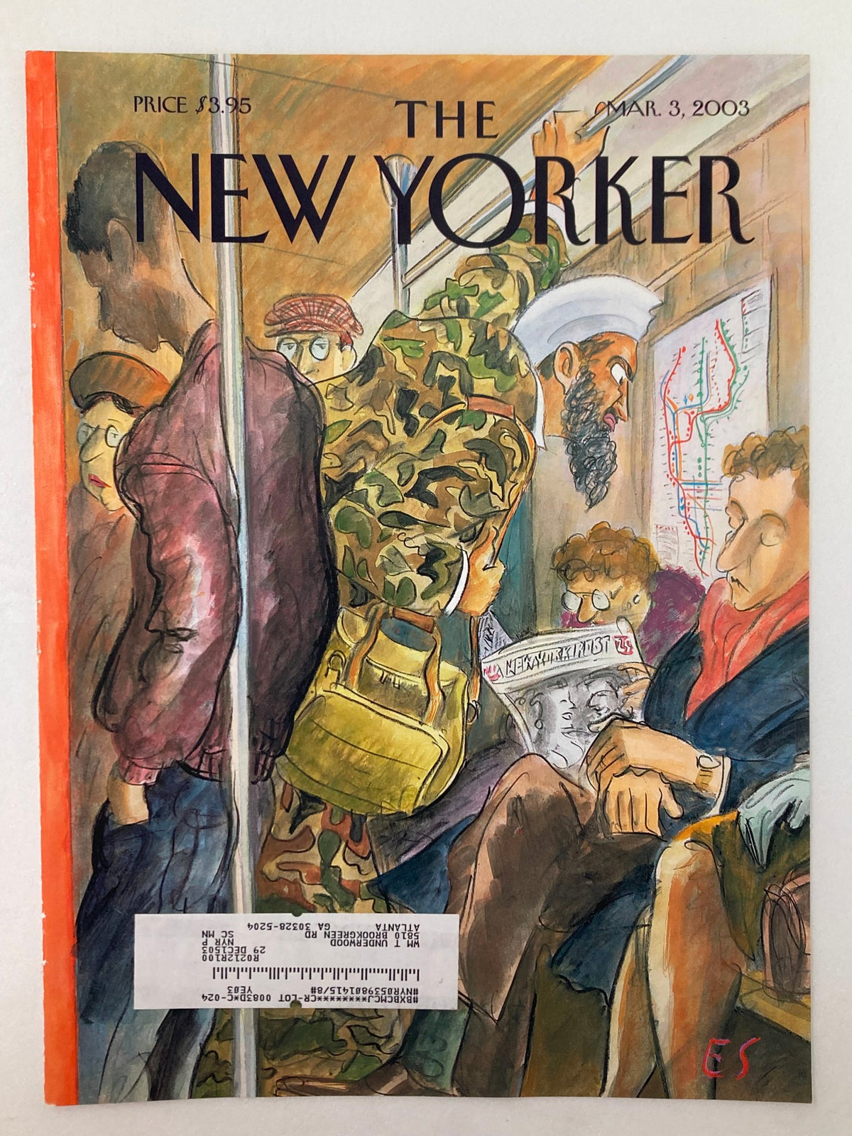 The New Yorker March 3 2003 Cover by Edward Sorel showcasing a vibrant illustration of commuters in a subway train.