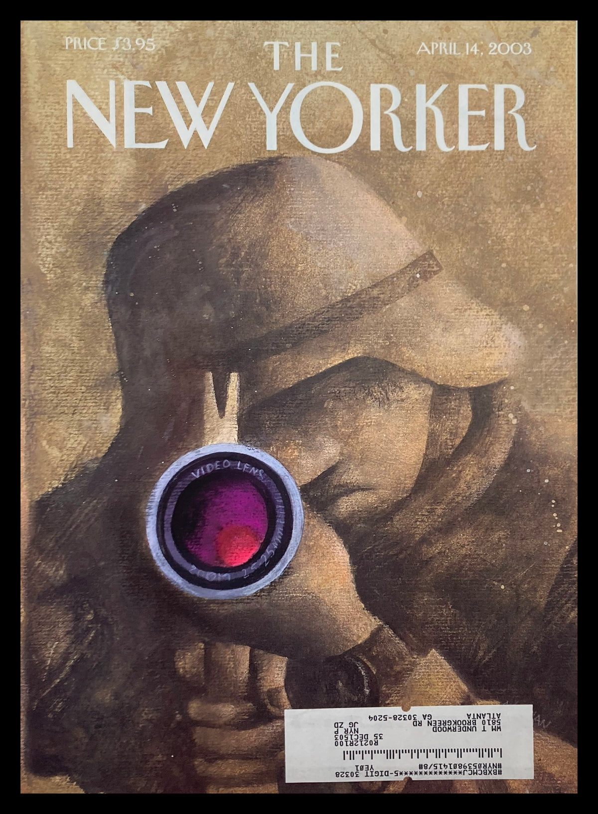 Cover of The New Yorker, April 14, 2003, titled 'Action' by Ana Juan, featuring an artistic portrayal of a person holding a camera.