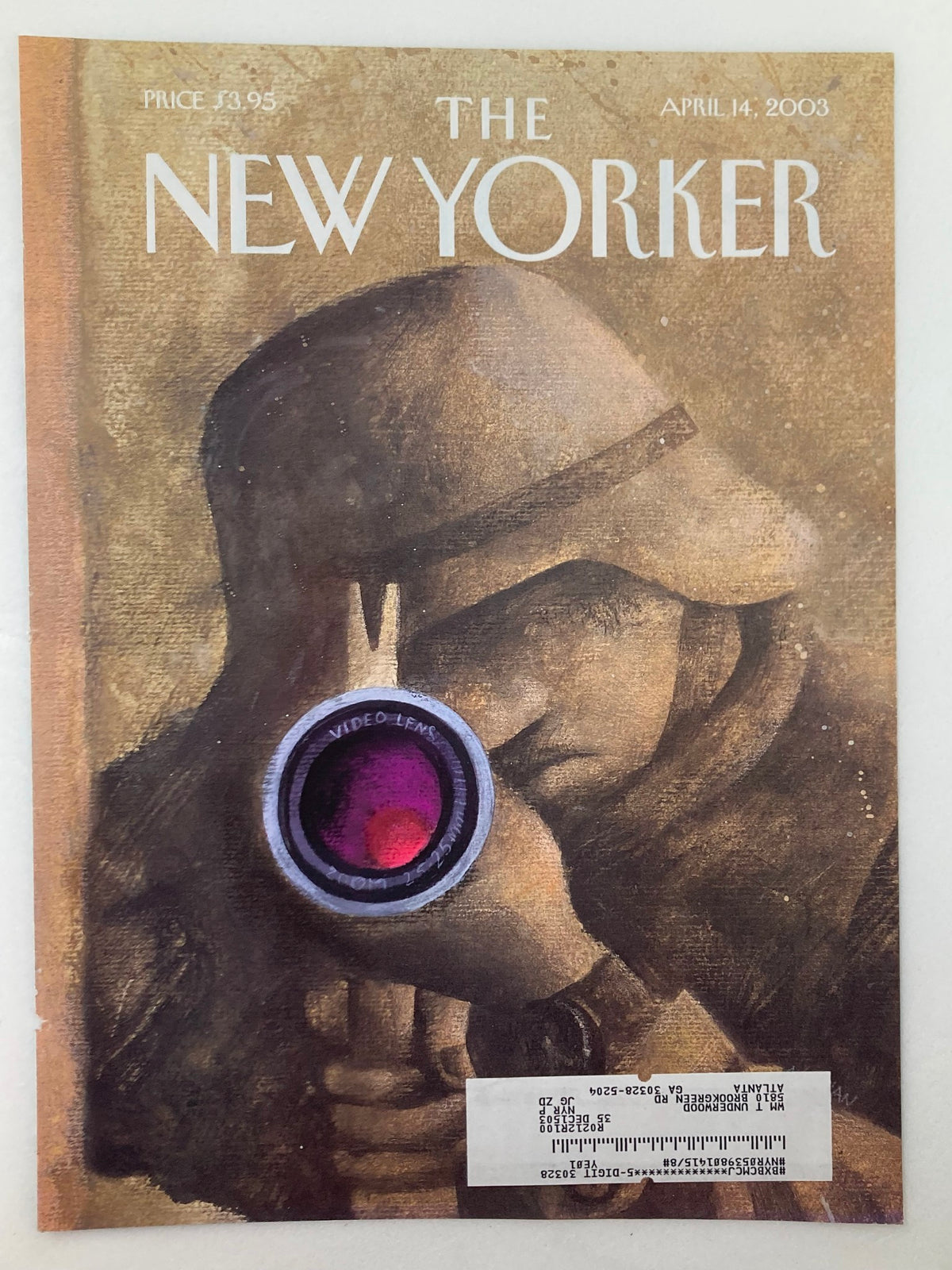 Front cover of The New Yorker from April 14, 2003, named 'Action' by Ana Juan, showcasing a figure with a camera in a striking artistic style.