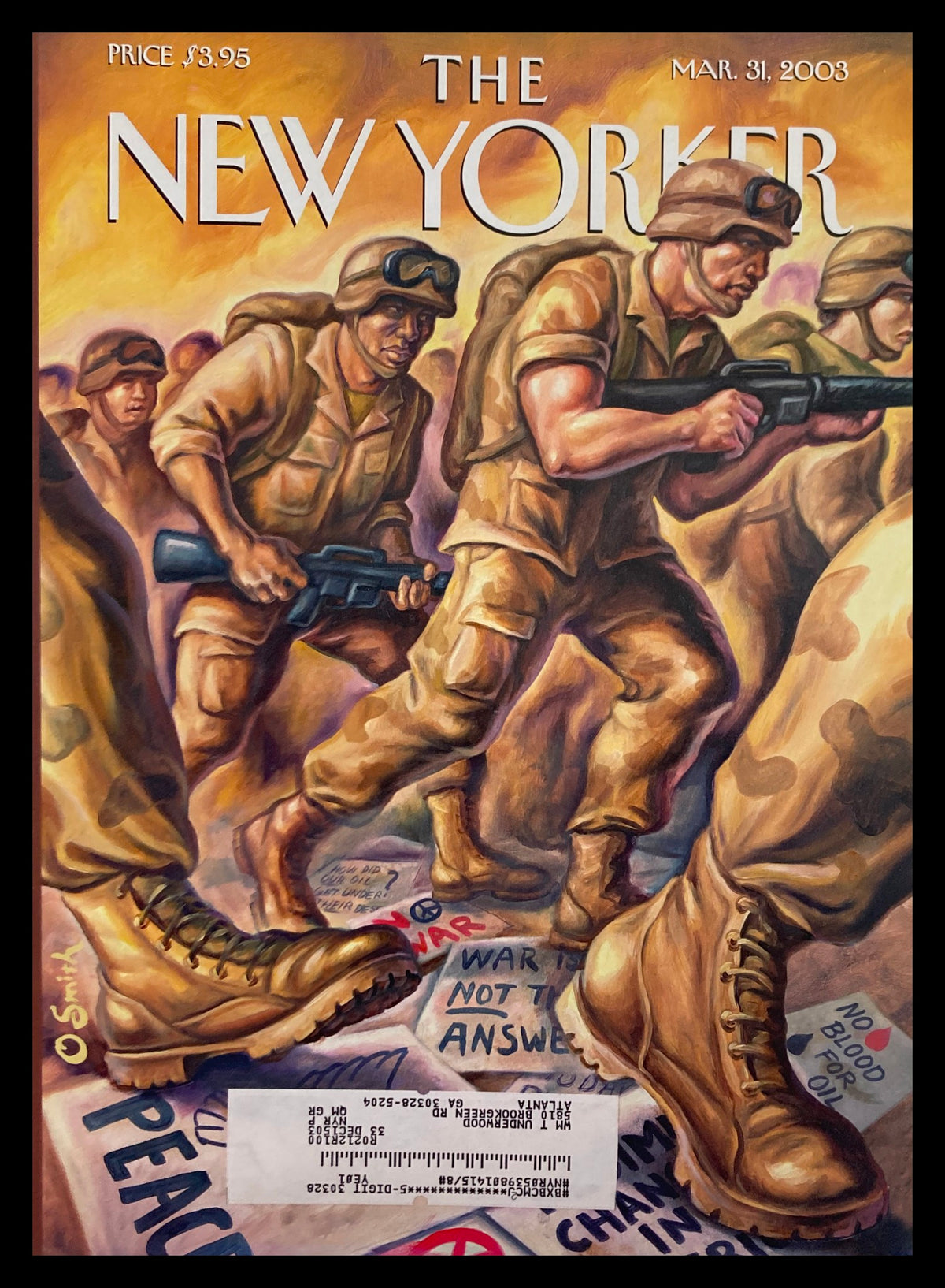 COVER ONLY The New Yorker March 31 2003 Signs of the Times by Owen Smith, featuring a powerful depiction of soldiers in action amidst a backdrop of protest signs, capturing the cultural dialogues of the early 2000s.