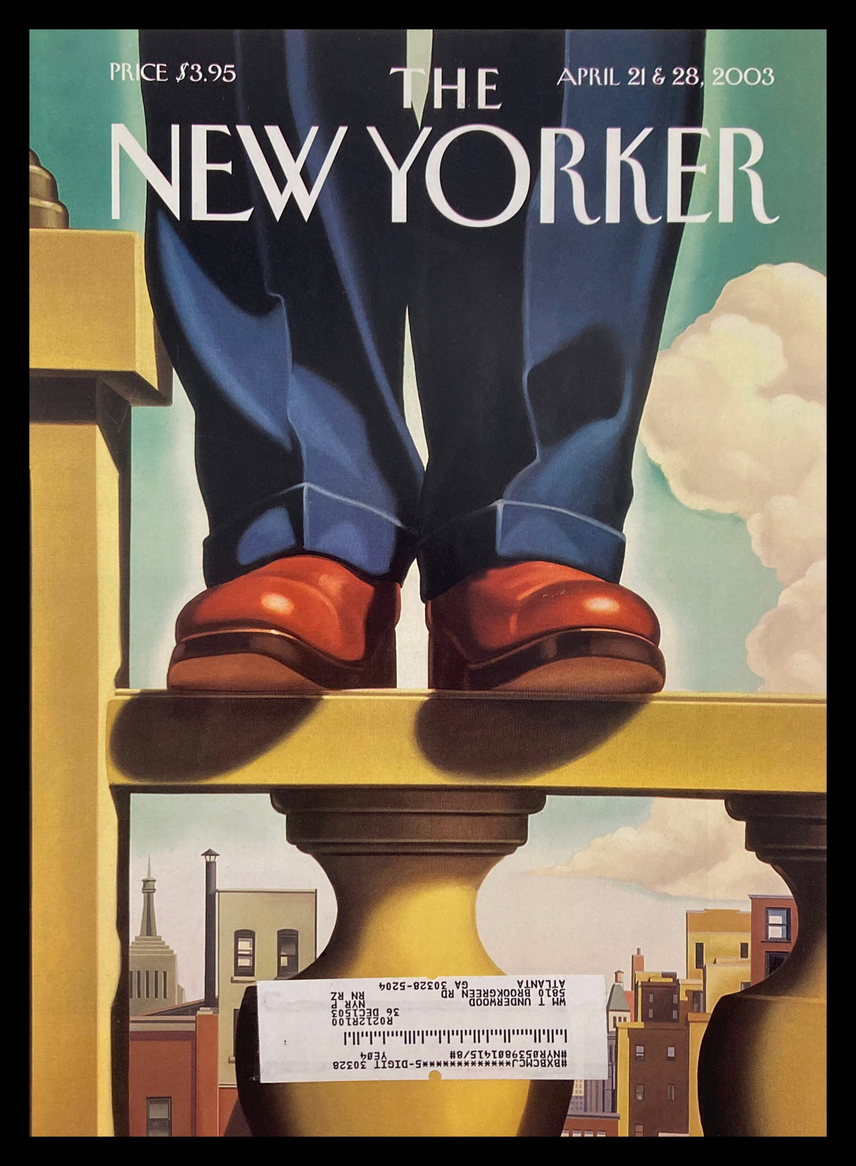 The New Yorker April 21 2003 cover artwork titled 'War Without End' featuring a figure in red shoes standing on a ledge, capturing themes of conflict and peace.