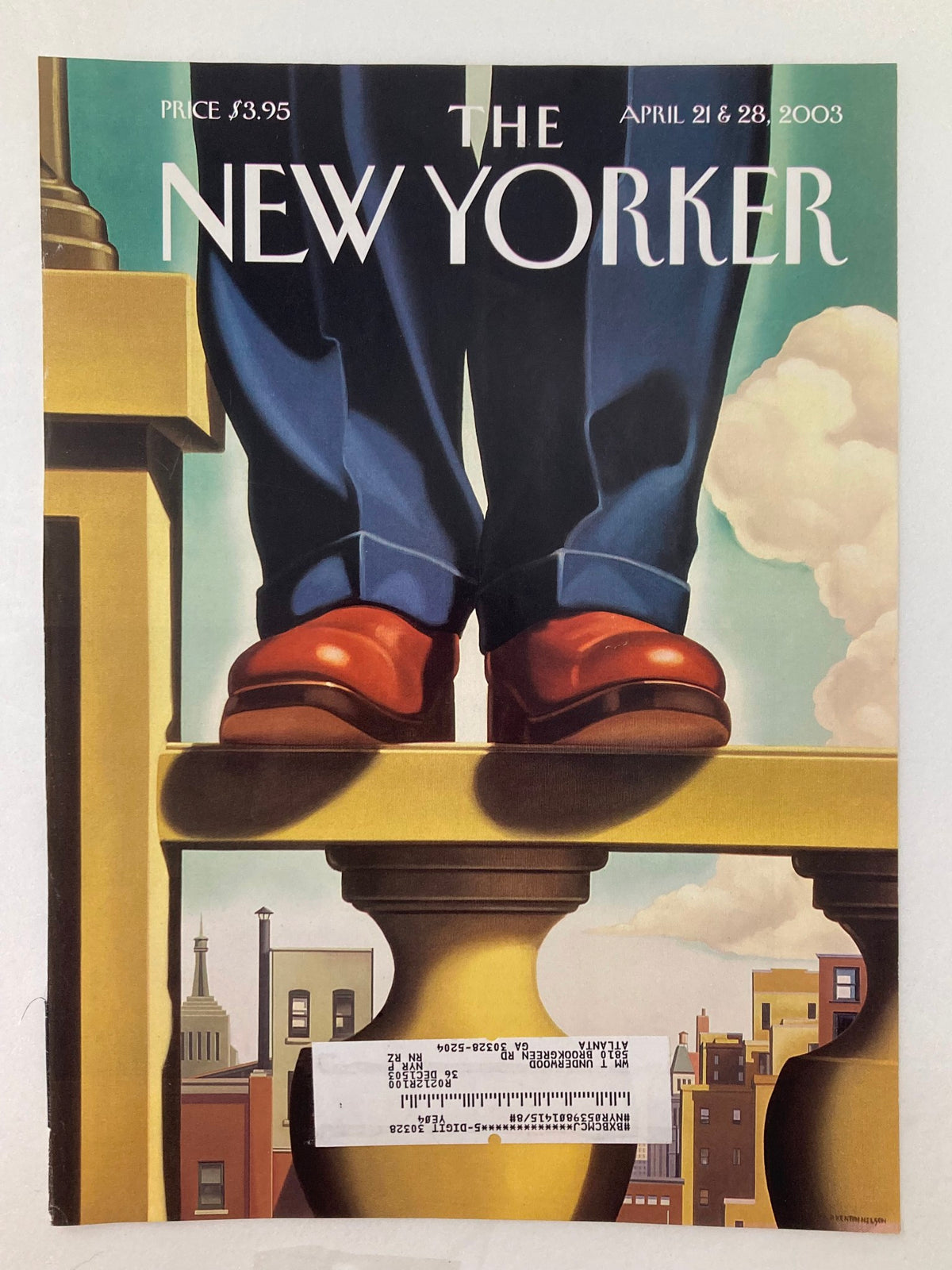 The New Yorker April 21 2003 cover titled 'War Without End' showcasing a dramatic illustration of a person in red shoes poised on a stone ledge, symbolizing complex emotions surrounding war.