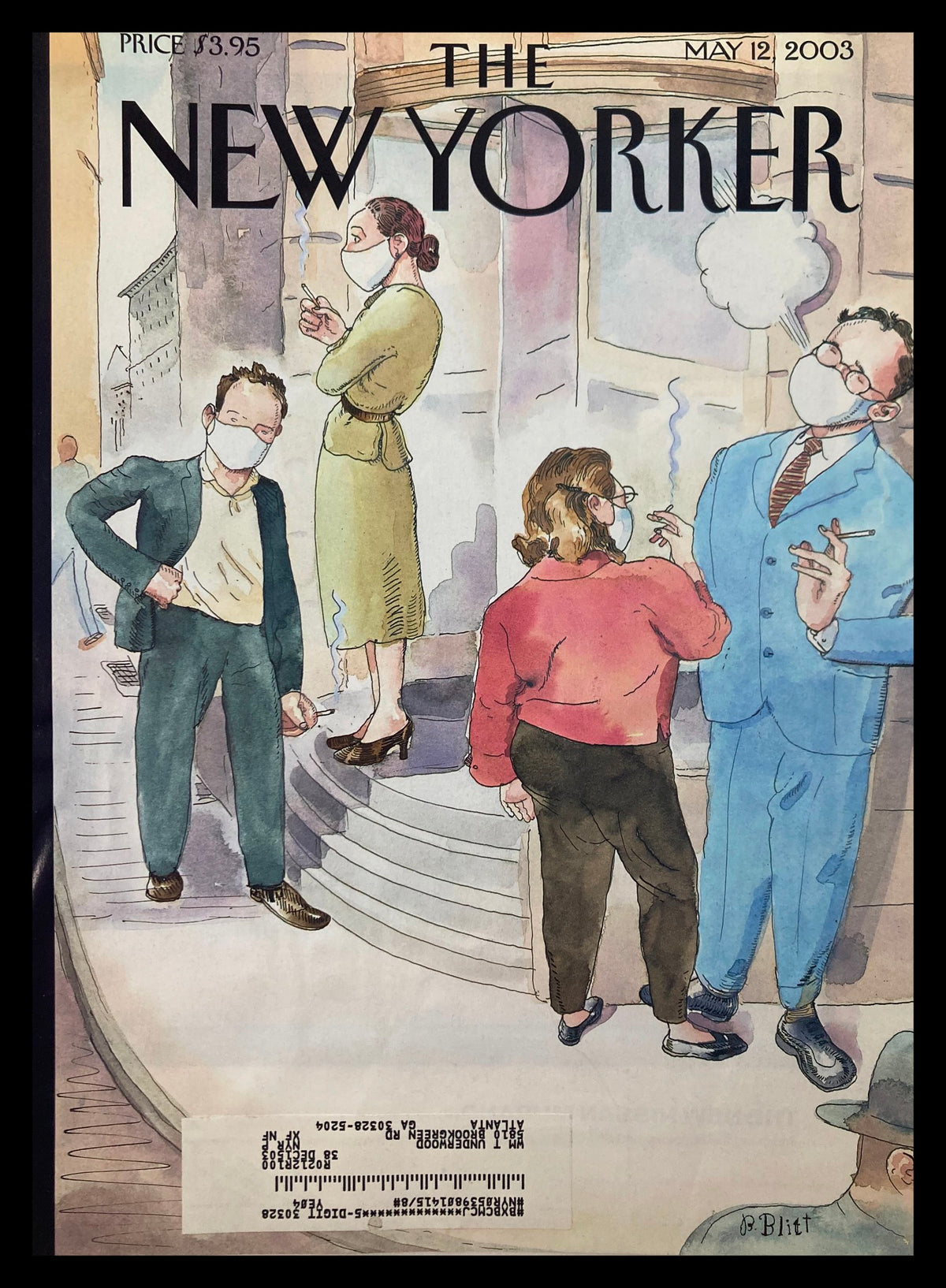 Cover of The New Yorker May 12, 2003 titled Health Conscious by Barry Blitt, depicting four individuals with masks in a modern city setting, showcasing vibrant colors and satirical commentary on health.