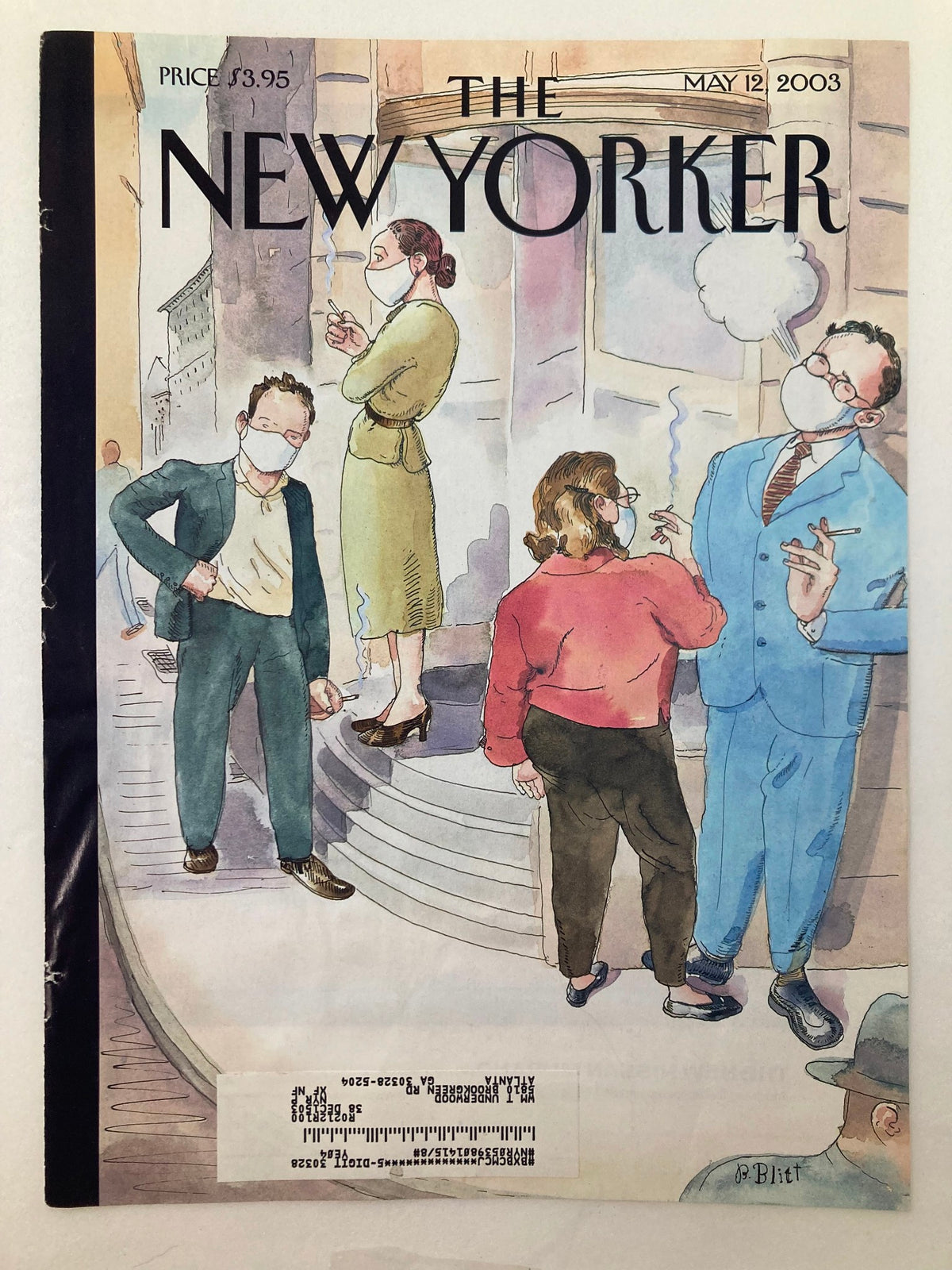 Cover of The New Yorker May 12, 2003 titled Health Conscious by Barry Blitt, featuring a group of people wearing masks in a city environment, capturing a moment of cultural commentary with artistic flair.