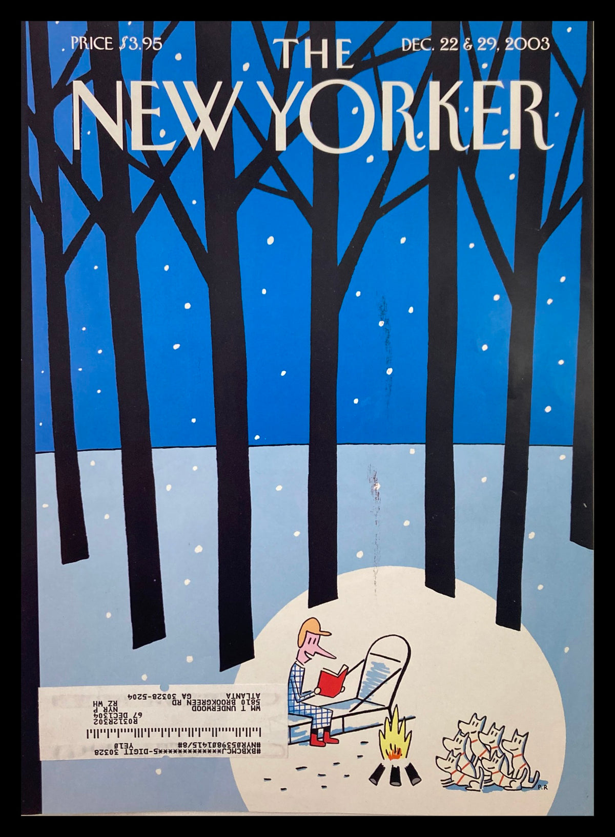 The New Yorker magazine cover dated December 22, 2003, featuring artwork titled 'Trails' by Philippe Petit-Roul, depicting a man sitting by a campfire surrounded by trees in a winter landscape.