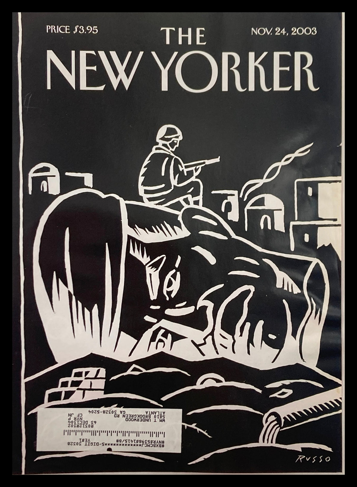 The New Yorker Cover - November 24, 2003, titled 'The Occupation' by Anthony Russo, featuring a soldier with a rifle overlooking a dramatic scene, encapsulating a poignant moment in socio-political history.