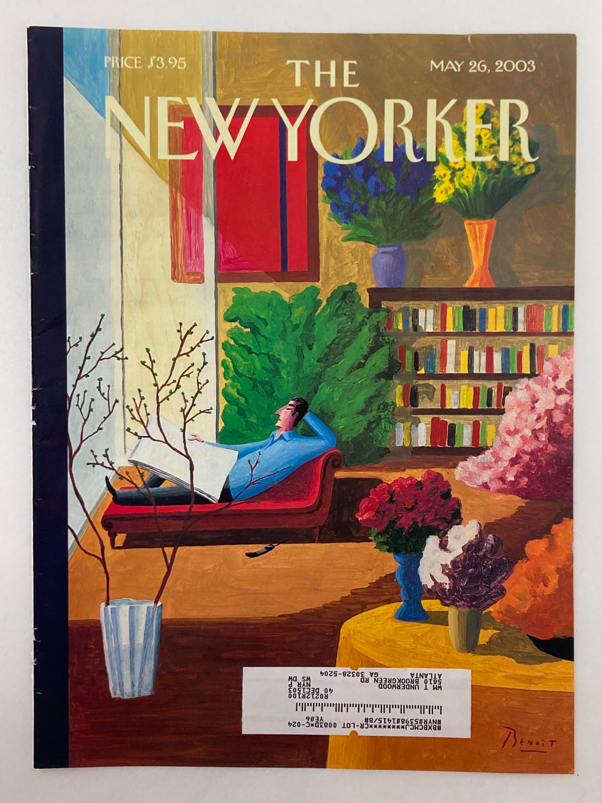The New Yorker May 26 2003 cover titled 'Sunroom' by Benoit van Innis, showcasing a colorful room filled with plants, books, and a person relaxing in an artistic ambiance.