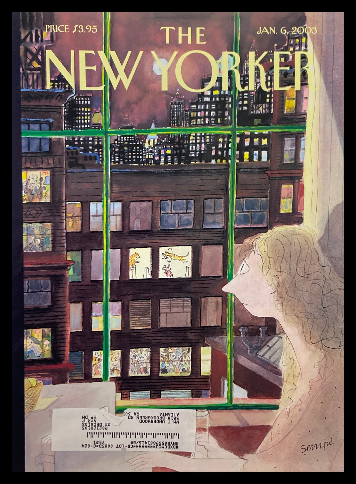 Cover of The New Yorker January 6, 2003, featuring 'Silence of the Night' by Jean-Jacques Sempé, showcasing a serene indoor scene with a view of city lights.
