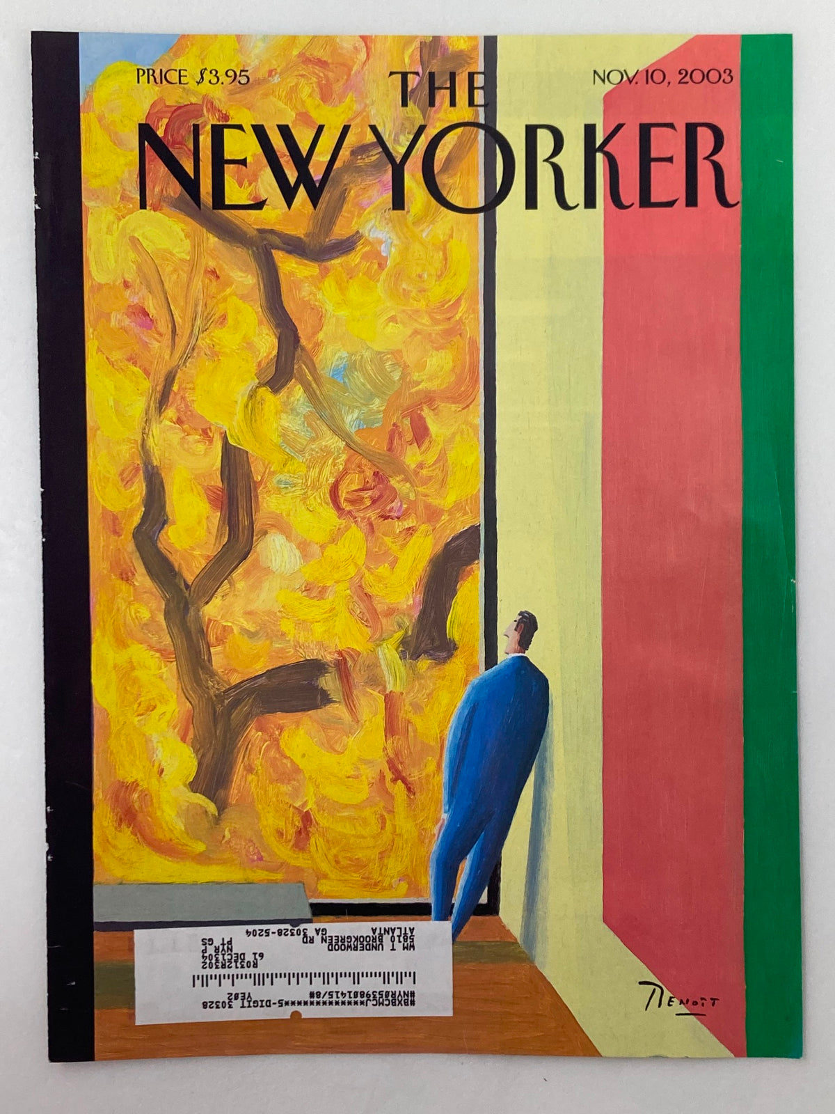 Cover of The New Yorker magazine, November 10, 2003, displaying the illustration 'A Pretty Picture' by Benoit van Innis, depicting a man standing in front of a striking yellow artwork against a colorful wall.