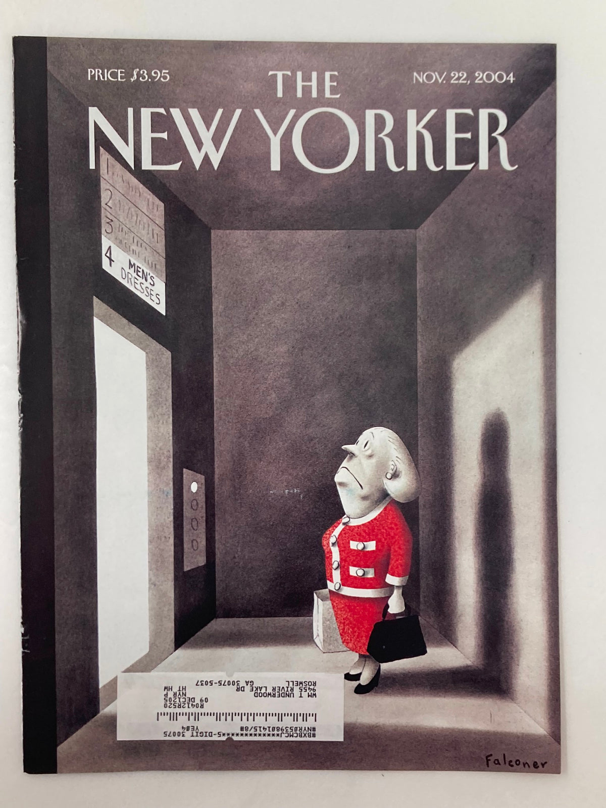Cover of The New Yorker from November 22, 2004, showcasing the illustrated title 'Wrong Floor' by Ian Falconer, featuring a character in a red outfit in an elevator.