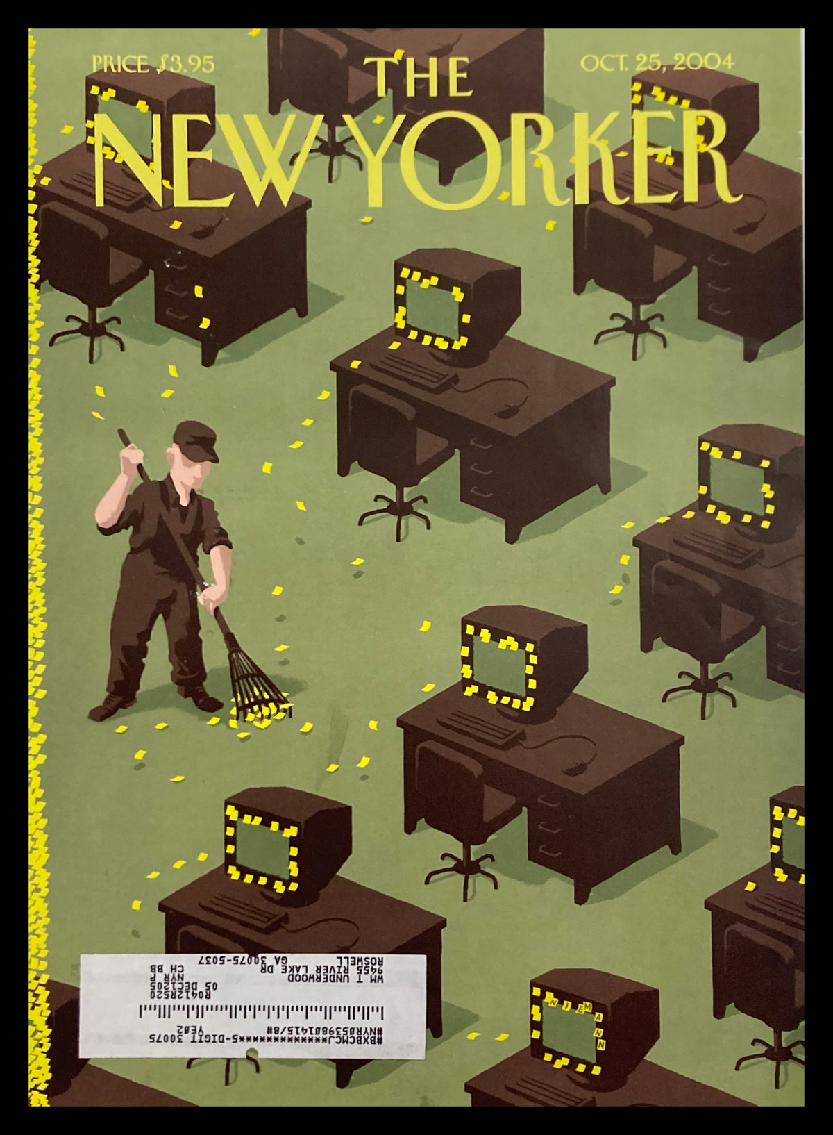 COVER ONLY The New Yorker October 25 2004 Autumn Chores by Christoph Niemann featuring an illustration of a person raking leaves among desktop computers in a humorous autumn-themed scene.
