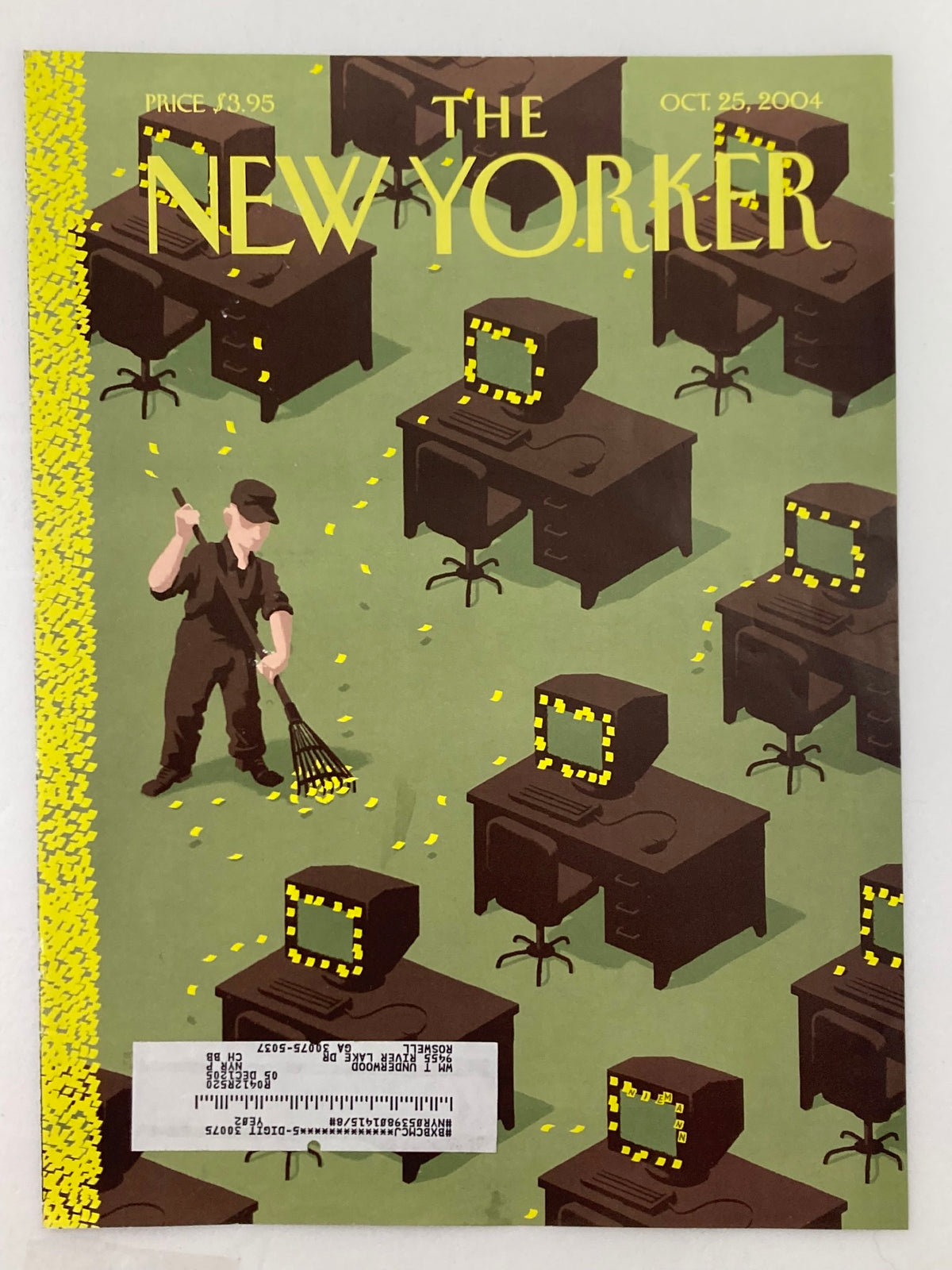 Cover of The New Yorker dated October 25, 2004, featuring the artwork 'Autumn Chores' by Christoph Niemann, depicting a solitary figure raking leaves amidst office furniture, symbolizing seasonal change.