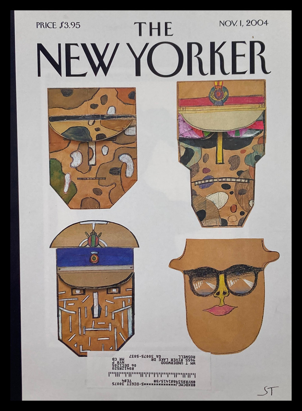 Cover art of The New Yorker November 1, 2004, titled 'Choice for President' by Saul Steinberg, featuring abstract faces representing political themes.