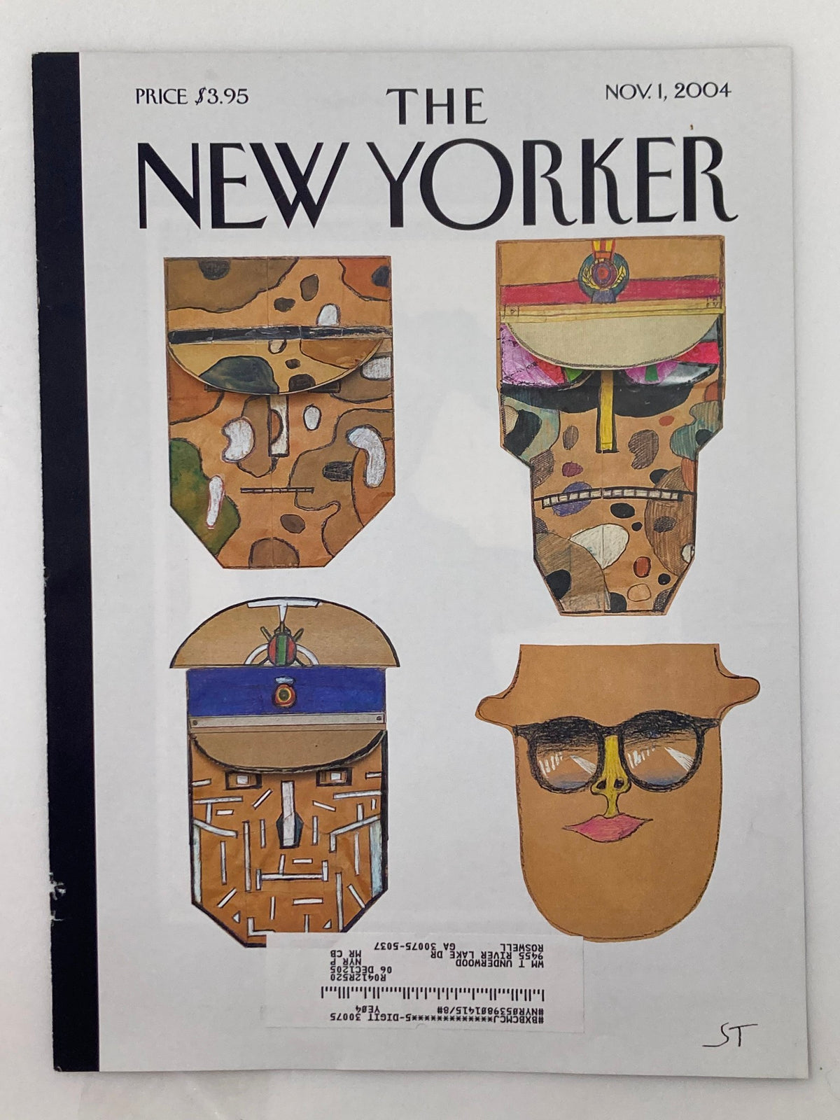 Cover illustration of The New Yorker November 1, 2004, titled 'Choice for President' by Saul Steinberg, showcasing artistic representations of political figures.