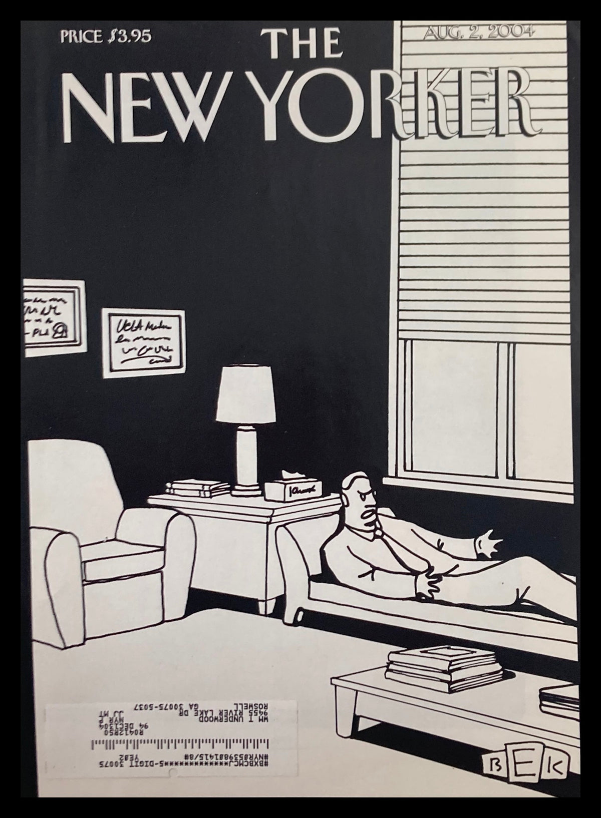 COVER ONLY The New Yorker August 2 2004: A Psychologist On Duty by Bruce E Kaplan showcasing a minimalist living room with a man reclining on a sofa, highlighting the unique artistic style of the magazine.