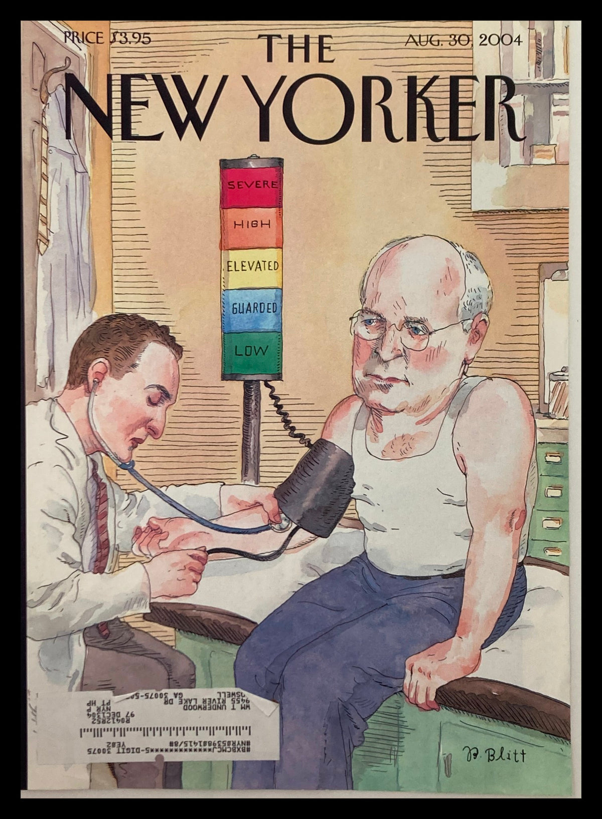 Cover of The New Yorker dated August 30, 2004, titled "At Risk?" by Barry Blitt, featuring a doctor examining a patient with a blood pressure monitor, showcasing a color-coded risk chart in the background.