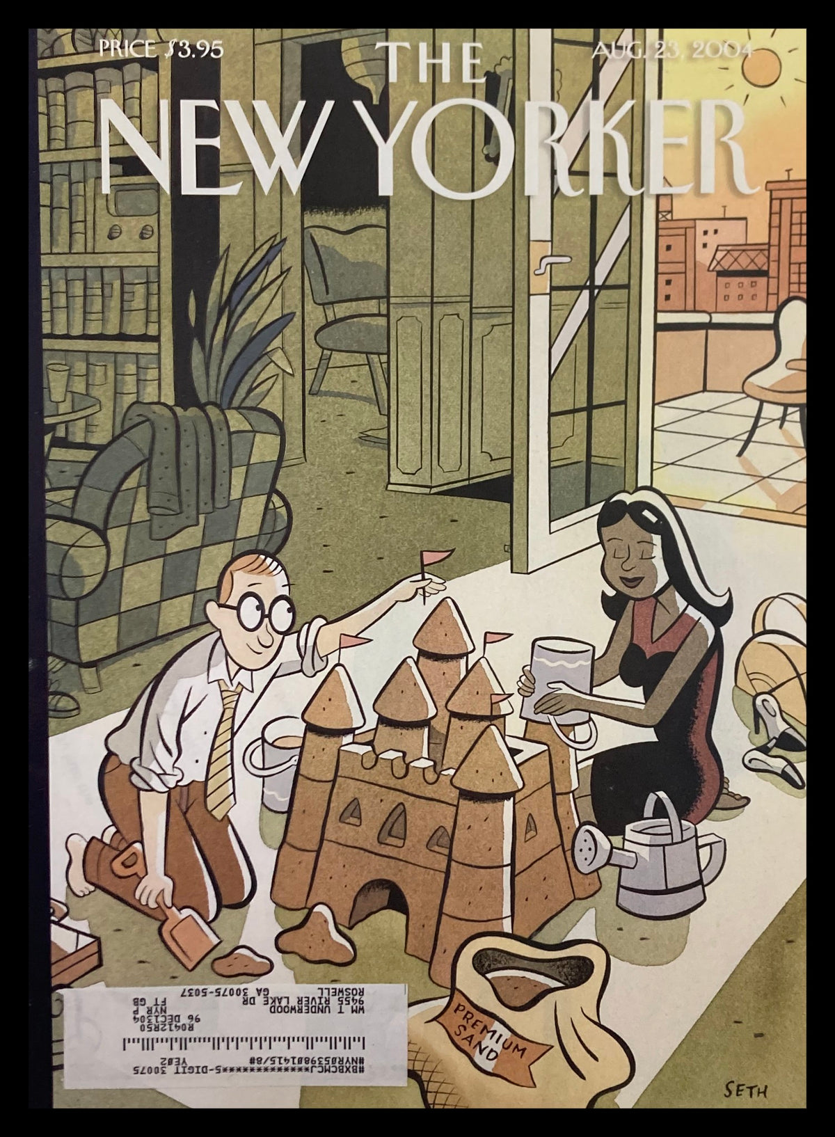 Cover art of The New Yorker dated August 23, 2004, titled 'Dream Vacation' illustrated by Seth, featuring a whimsical scene of a family at the beach with a sandcastle, embodying themes of nostalgia and creativity.