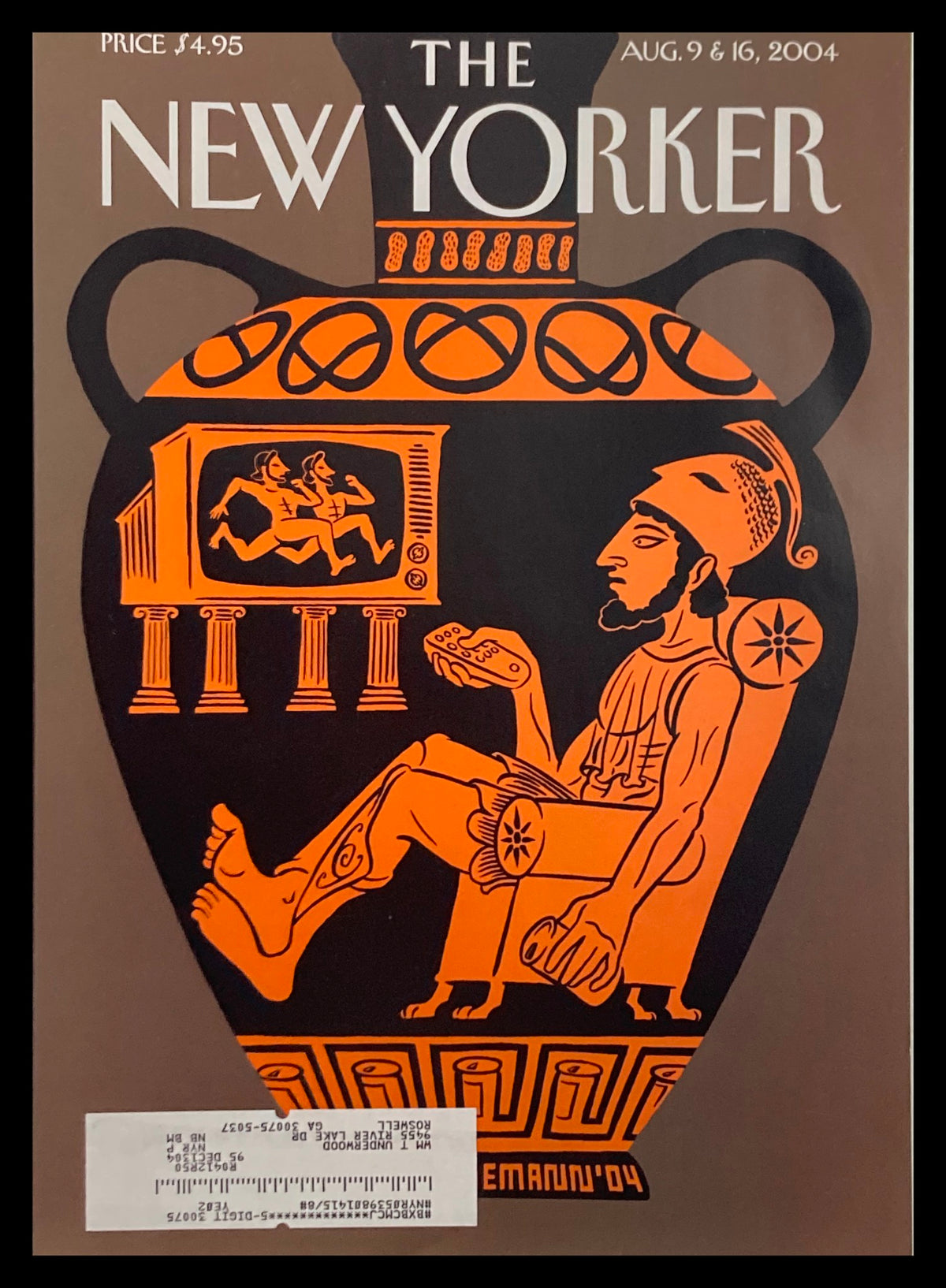 Cover only of The New Yorker August 9 2004, illustrated by Christoph Niemann, featuring a striking Olympic-themed artwork with a classic Greek vase design.