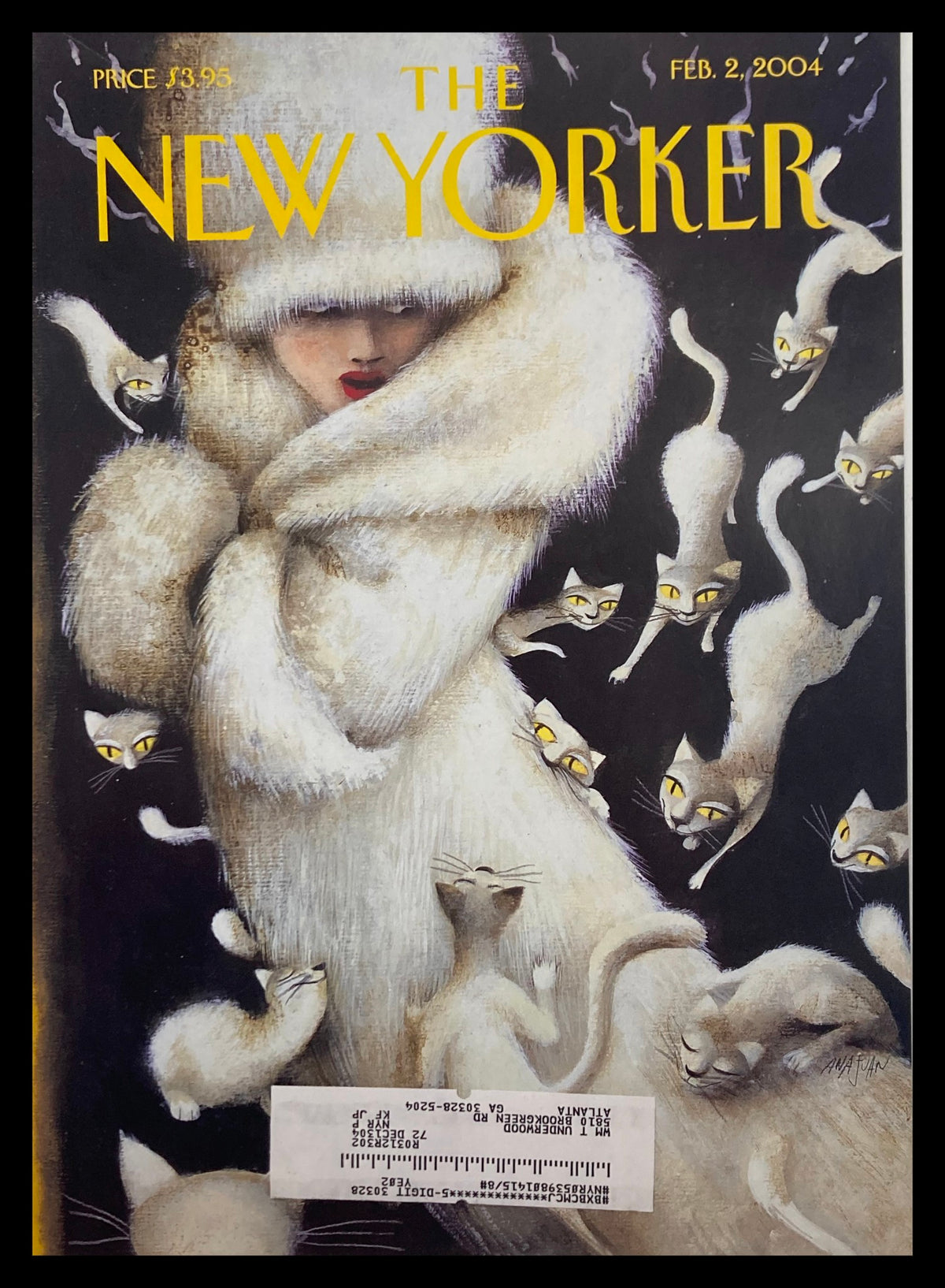 Cover of The New Yorker February 2, 2004 featuring the artwork 'Huddling for Warmth' by Ana Juan, depicting a figure enveloped in a white fur coat surrounded by whimsical cats with yellow eyes.