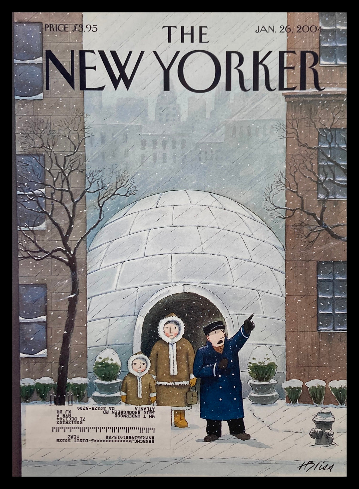 Cover of The New Yorker January 26 2004, titled 'Mush!', featuring a whimsical snow scene with children and an igloo, illustrated by Harry Bliss.