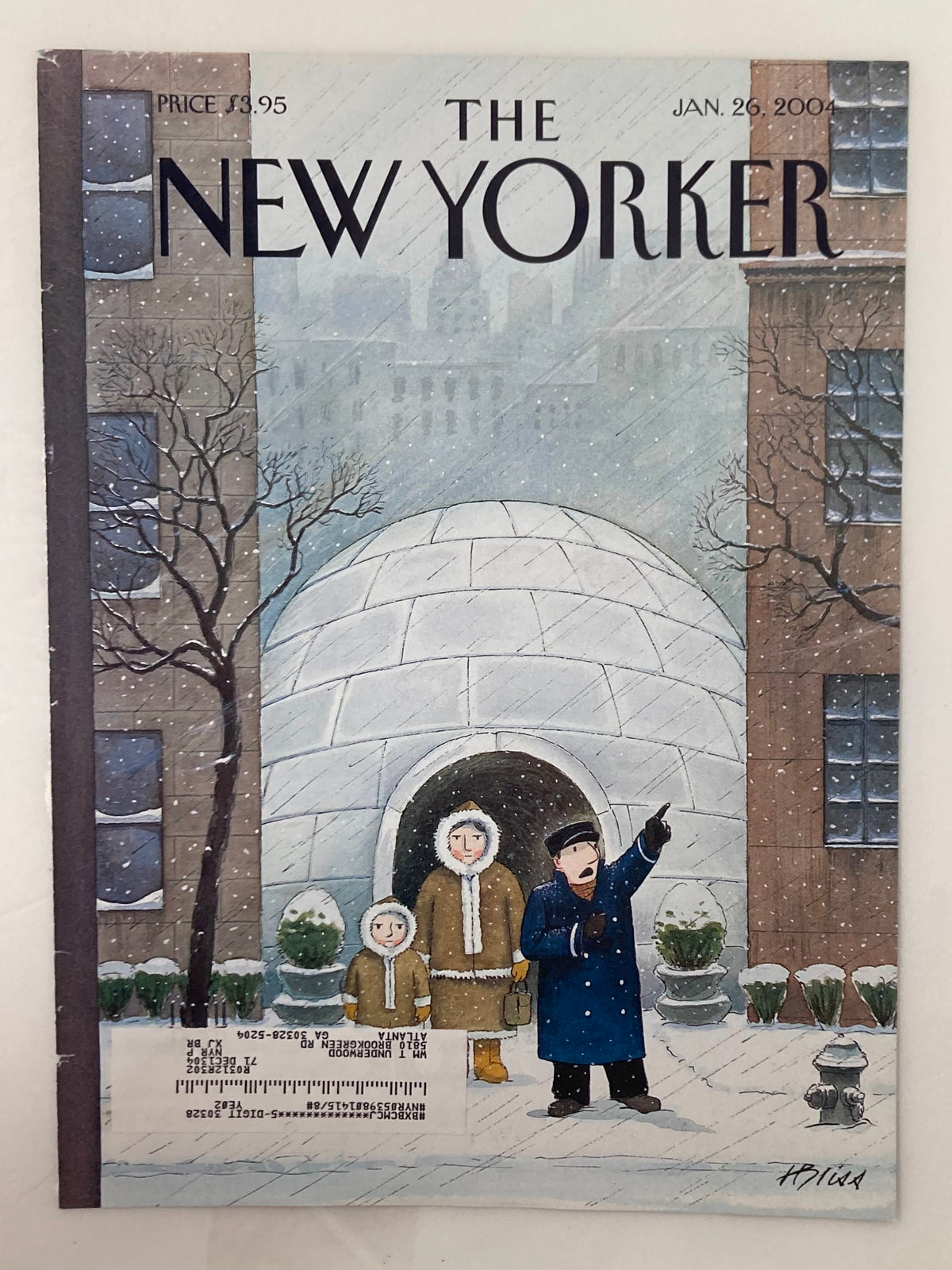 Cover of The New Yorker January 26 2004, titled 'Mush!', showcasing a snowy street scene with characters and an igloo, illustrated by Harry Bliss.