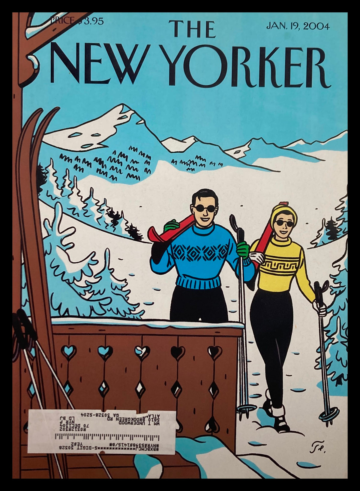 Cover of The New Yorker, January 19, 2004 featuring Winter Getaway illustration by Jean-Claude Floch; depicting two skiers against a snowy mountain backdrop.