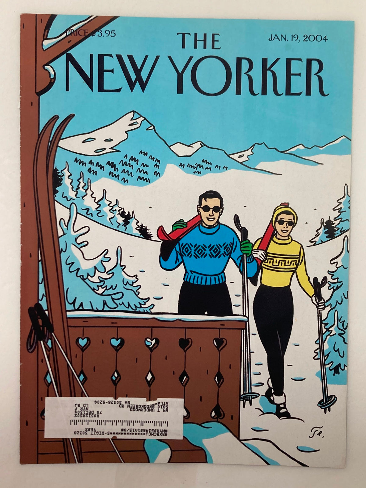 Cover of The New Yorker, January 19, 2004 showcasing Winter Getaway by Jean-Claude Floch; illustrated scene with skiers in winter attire on a snowy slopes.