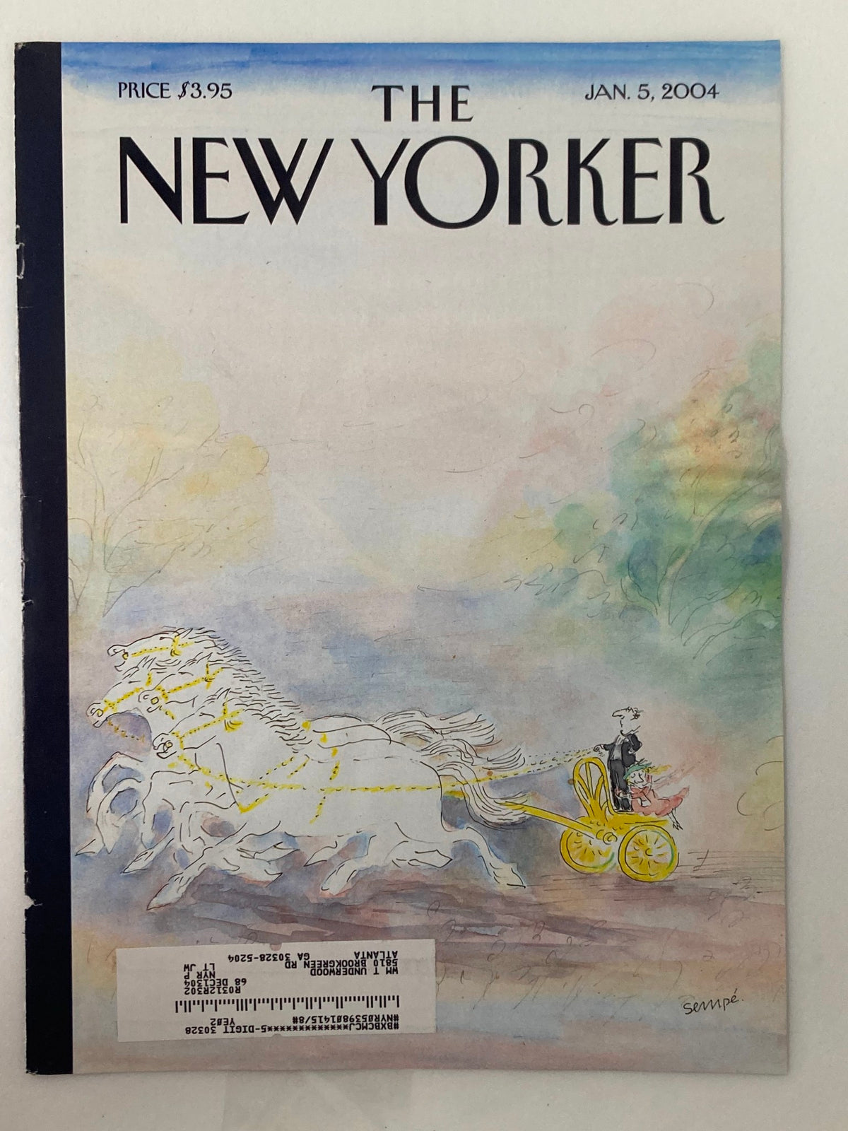 The New Yorker Cover January 5 2004 displaying the artwork 'Carriage' by Jean-Jacques Sempé, highlighting the charming illustration of a horse-drawn carriage.