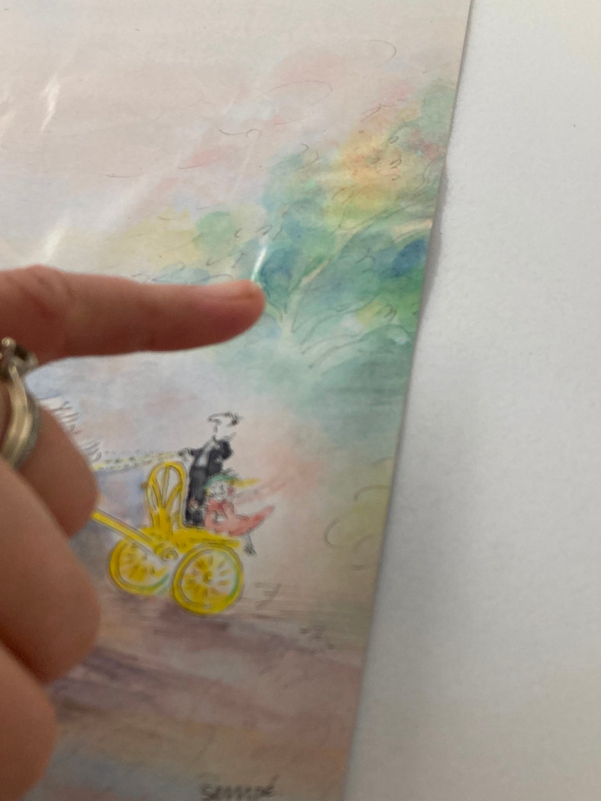 Close-up detail of The New Yorker Cover January 5 2004, illustrating 'Carriage' by Jean-Jacques Sempé, focuses on a gentleman in a yellow carriage surrounded by soft colors.