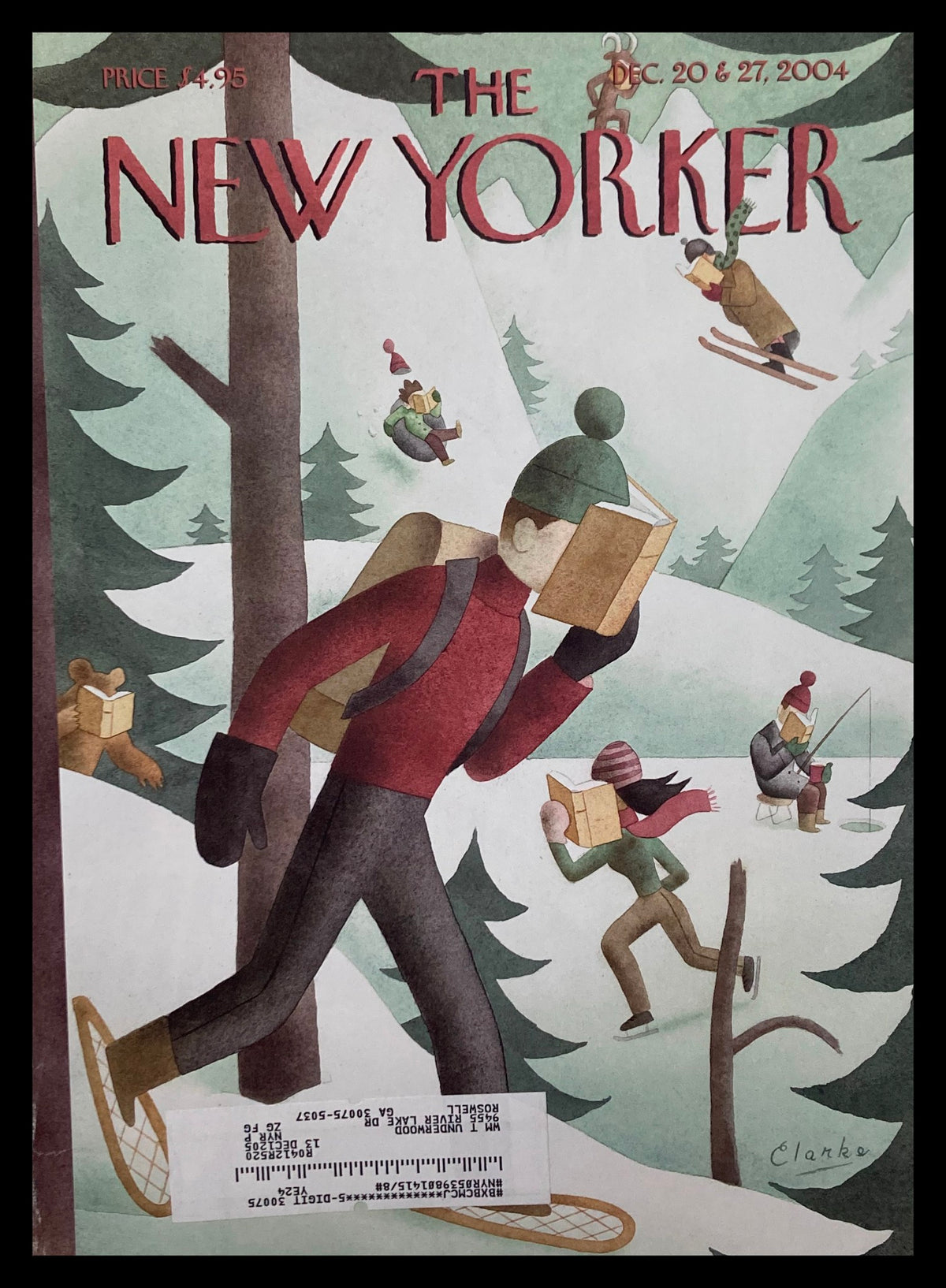 Cover of The New Yorker dated December 20, 2004, by Greg Clarke, featuring a winter scene with a person wearing snowshoes and carrying a book, surrounded by others engaged in winter activities.