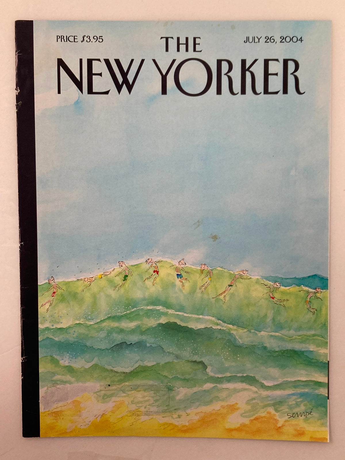 Cover of The New Yorker dated July 26, 2004, displaying Big Beach Waves by J. J. Sempe, with a watercolor illustration of surfers in lively ocean waves.