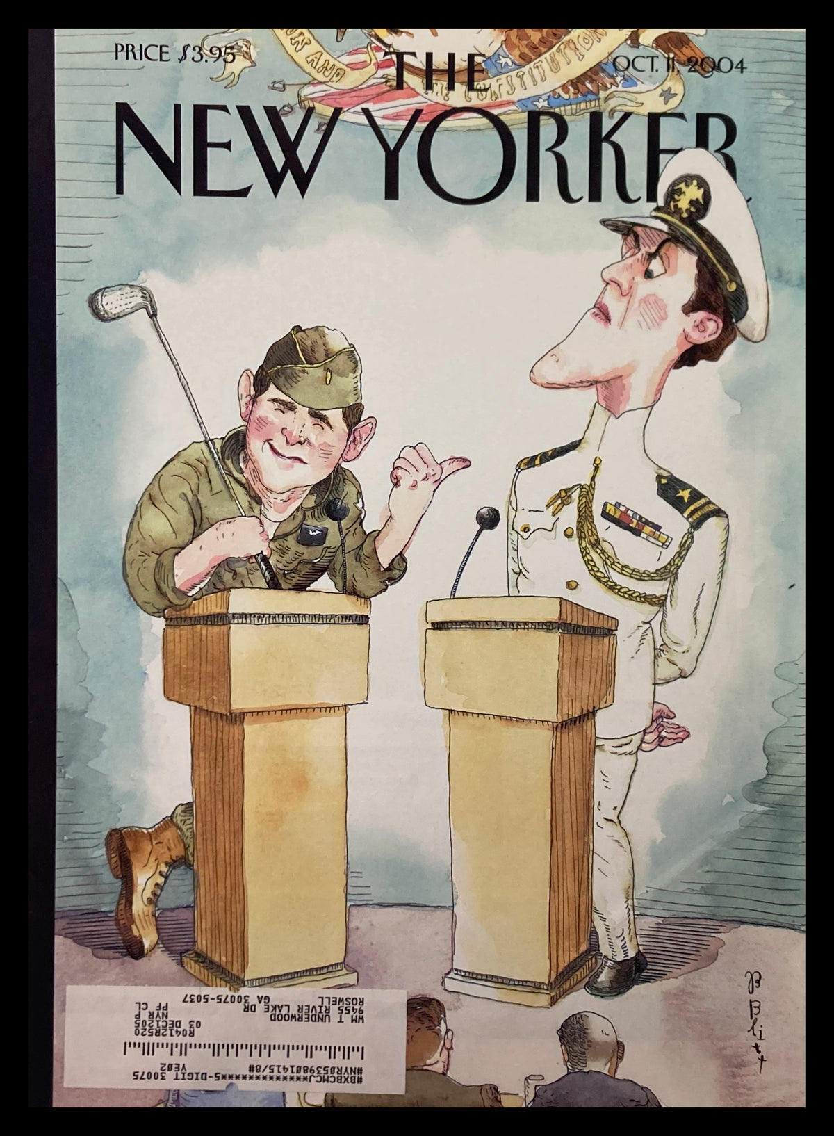 Cover of The New Yorker, October 11, 2004 featuring the artwork 'Stage Beauty' by Barry Blitt, showcasing a caricature of a military figure and a naval officer at podiums.