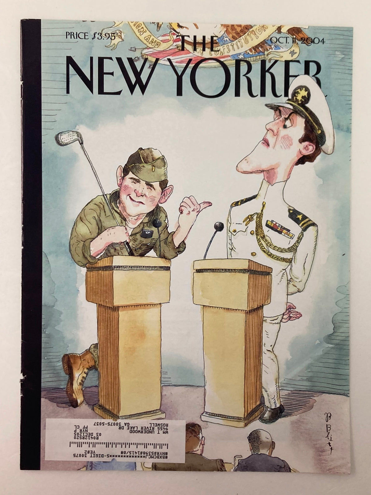 Cover of The New Yorker, October 11, 2004 with Barry Blitt's 'Stage Beauty' illustration, depicting a humorous scene between a soldier and an admiral during a debate.
