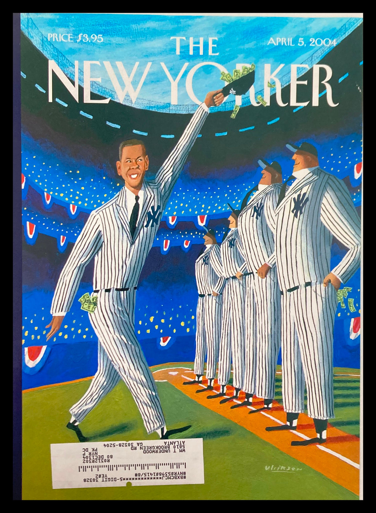 Cover of The New Yorker dated April 5, 2004, featuring the artwork 'Stars & Stripes Forever' by Mark Ulriksen, depicting figures in striped suits celebrating in a baseball stadium.