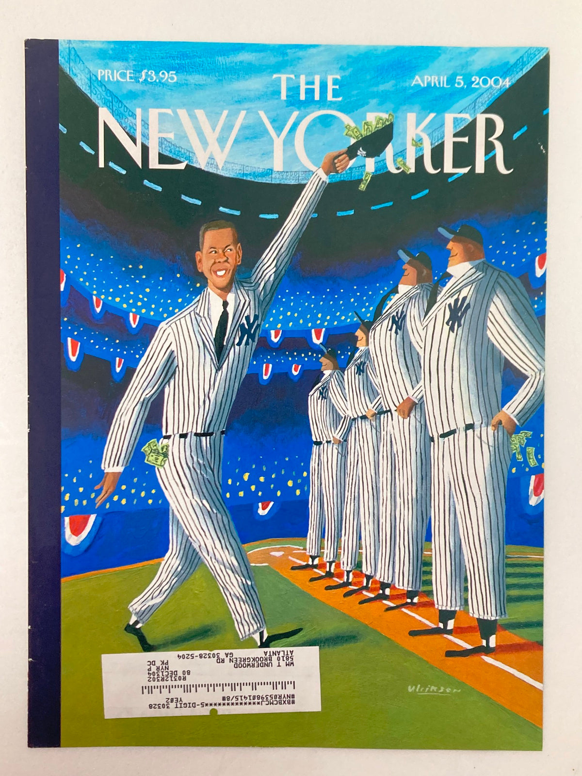 Cover of The New Yorker dated April 5, 2004, showcasing 'Stars & Stripes Forever' by Mark Ulriksen, illustrating figures in pinstripe uniforms in a festive baseball setting.