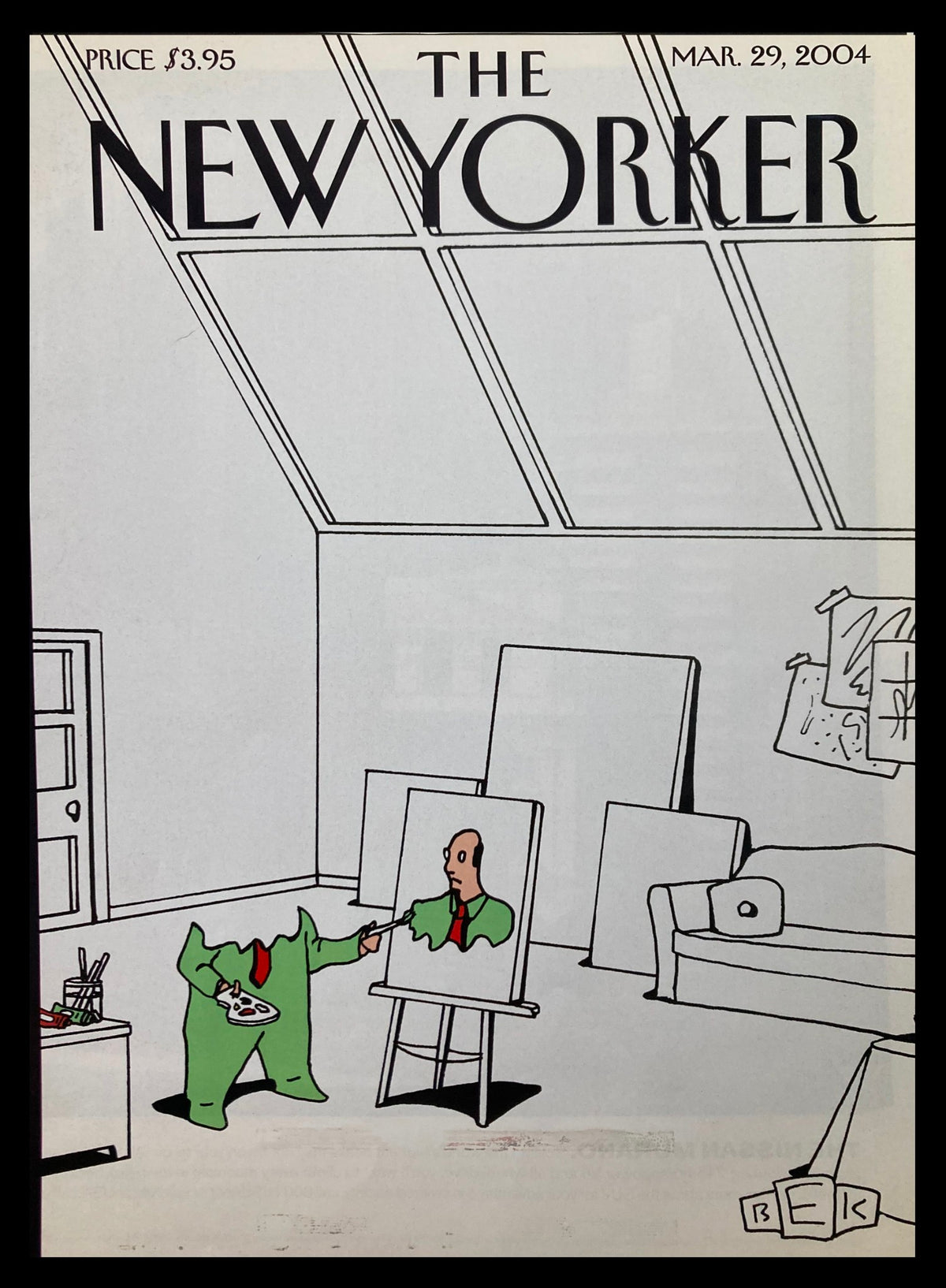 COVER ONLY The New Yorker March 29 2004 Self-Portrait by Bruce Eric Kaplan featuring a cartoon character in a green suit painting their own portrait in an art studio.