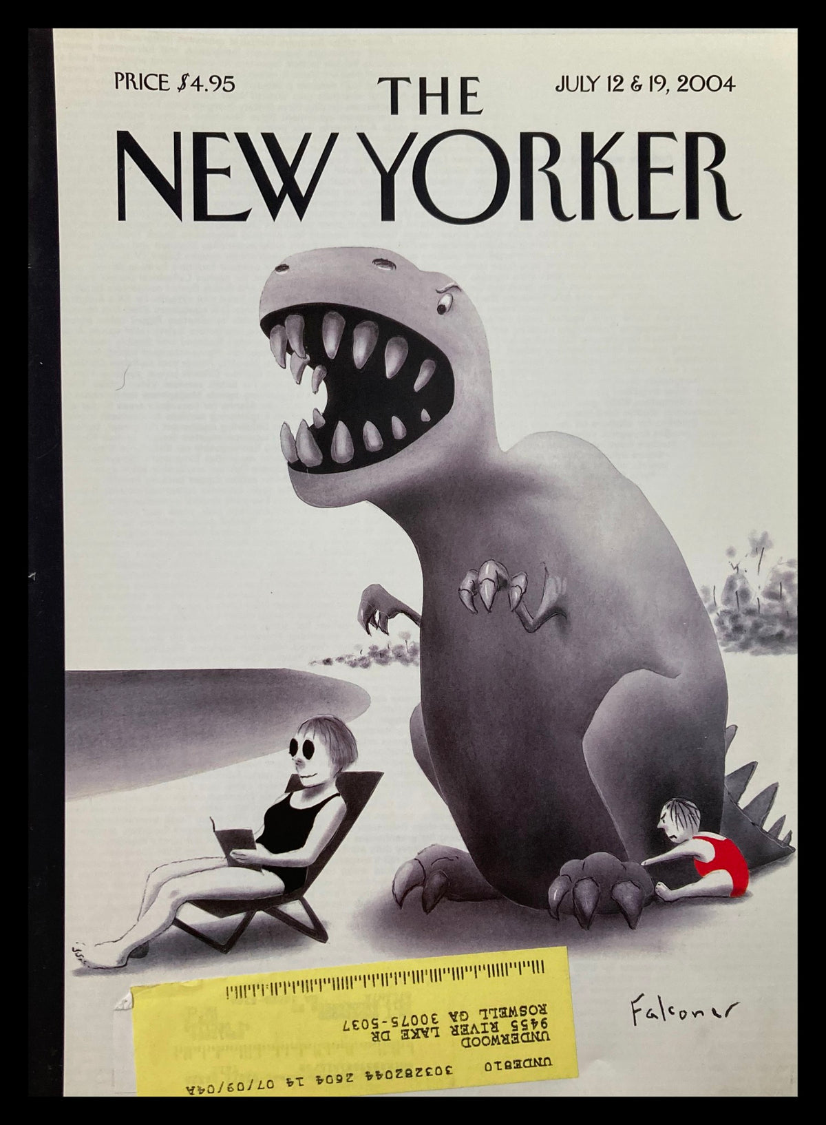 The New Yorker July 12 2004 Life's A Beach cover featuring a whimsical illustration of a dinosaur beside a beach scene with sunbathers.