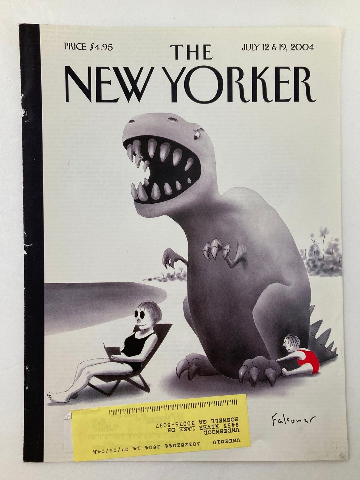 The New Yorker July 12 2004 Life's A Beach cover showcasing a playful image of a dinosaur and beachgoers, emphasizing summer fun.