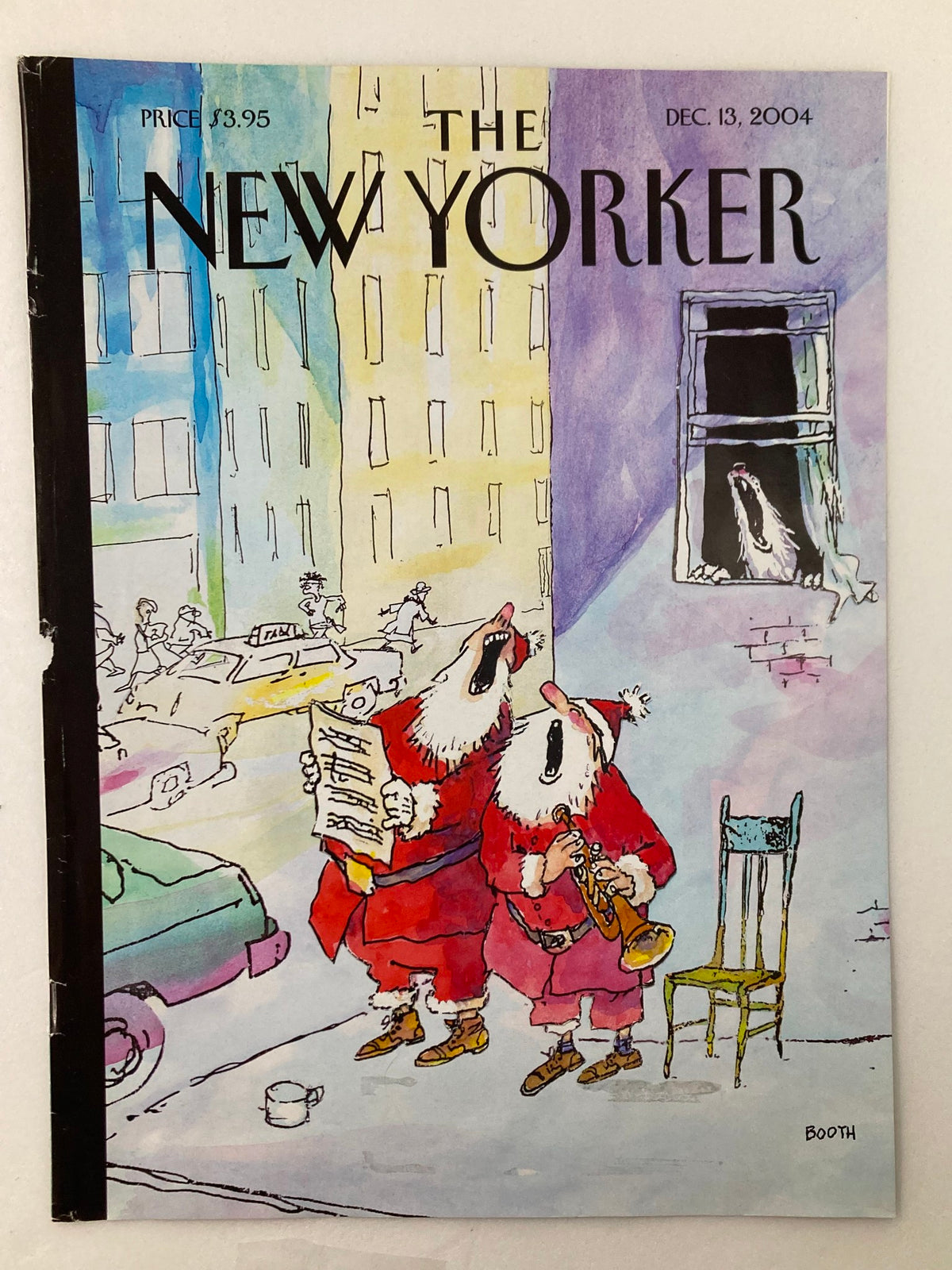 COVER ONLY The New Yorker December 13 2004 Holiday Howls by George Booth, showcasing charming holiday-themed characters performing joyful melodies in a colorful city setting.