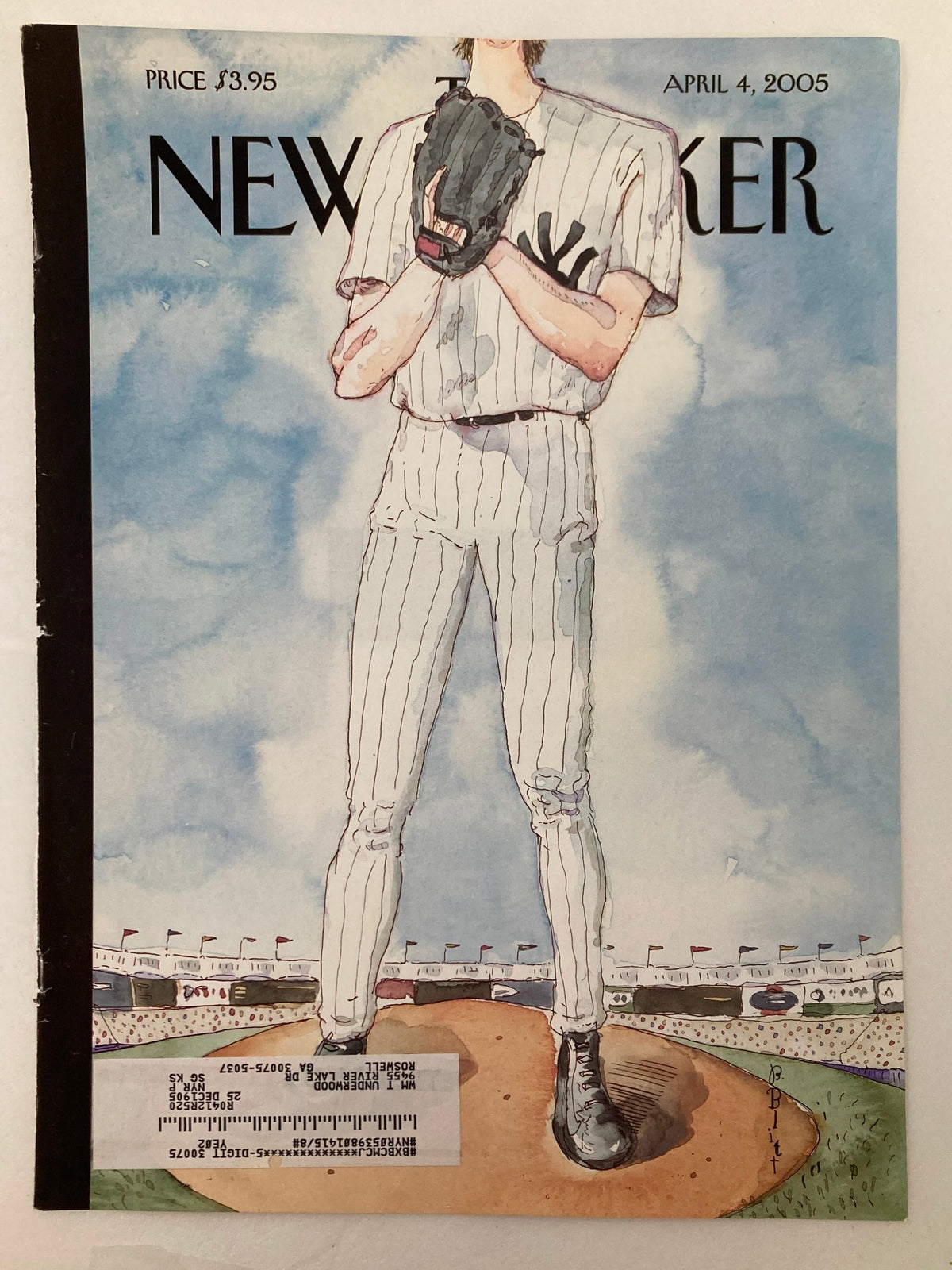 Cover of The New Yorker April 4 2005 titled 'Over the Top' by Barry Blitt, depicting a baseball pitcher in pinstripes standing on the pitcher's mound with a blue sky backdrop.