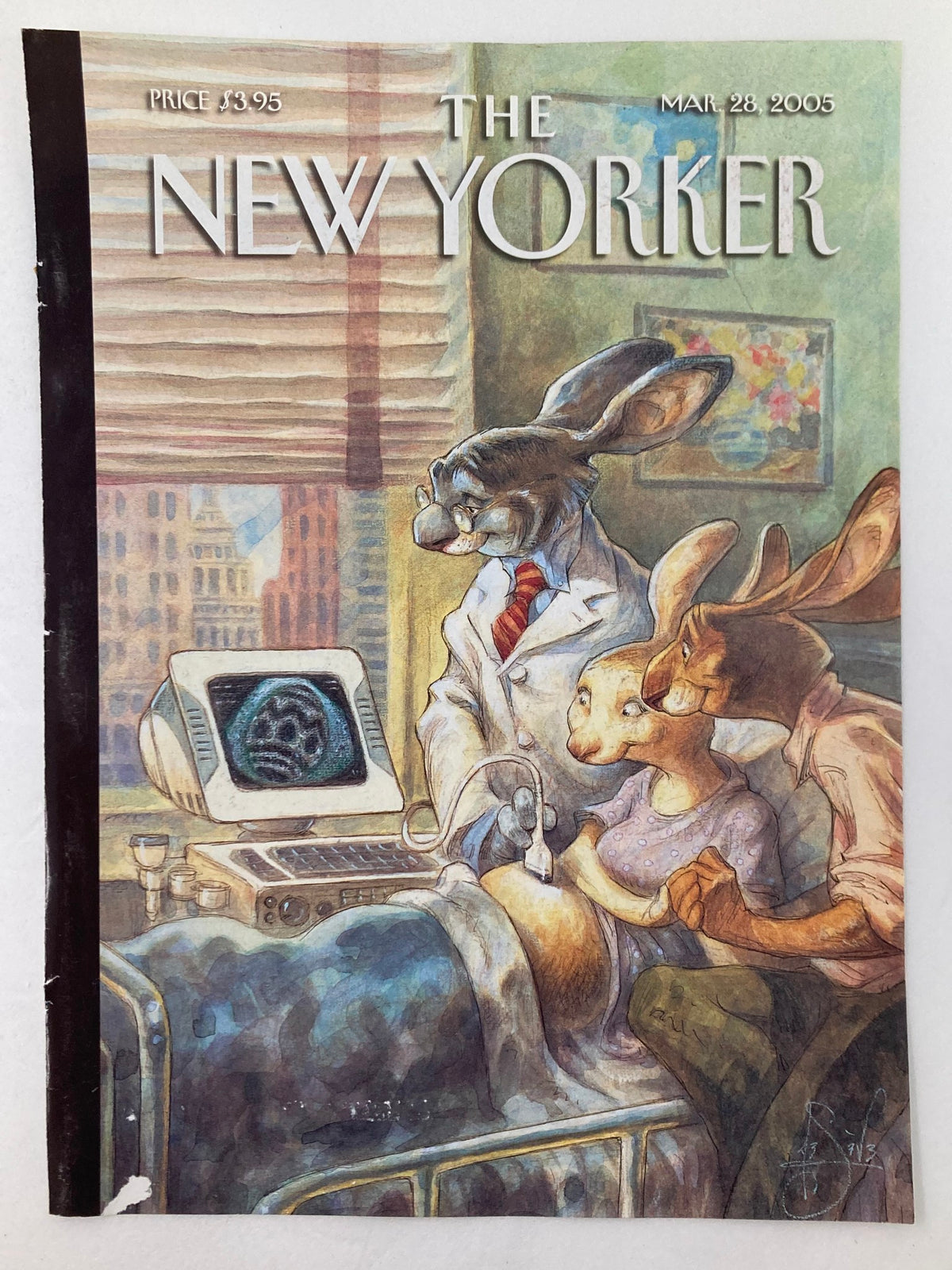 Cover image of The New Yorker dated March 28, 2005, titled 'Trust Fund Truths' by Peter de Seve, depicting a scene with anthropomorphic rabbits and a medical ultrasound device.